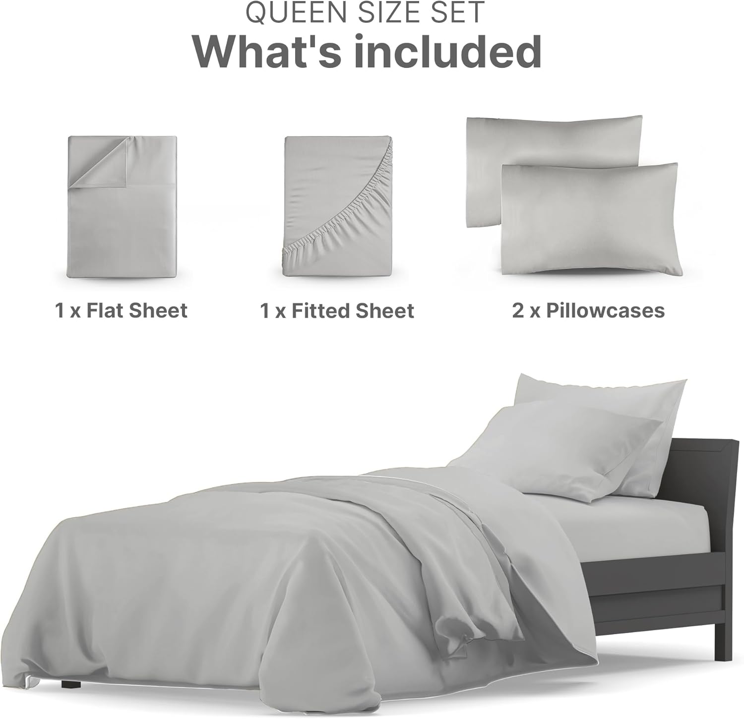 QUEEN SIZE SET  
What's included  
1 x Flat Sheet  
1 x Fitted Sheet  
2 x Pillowcases