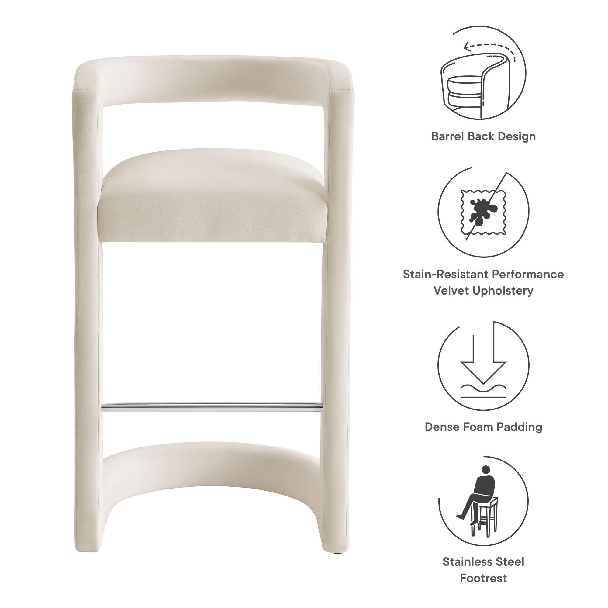 - Barrel Back Design
- Stain-Resistant Performance Velvet Upholstery
- Dense Foam Padding
- Stainless Steel Footrest