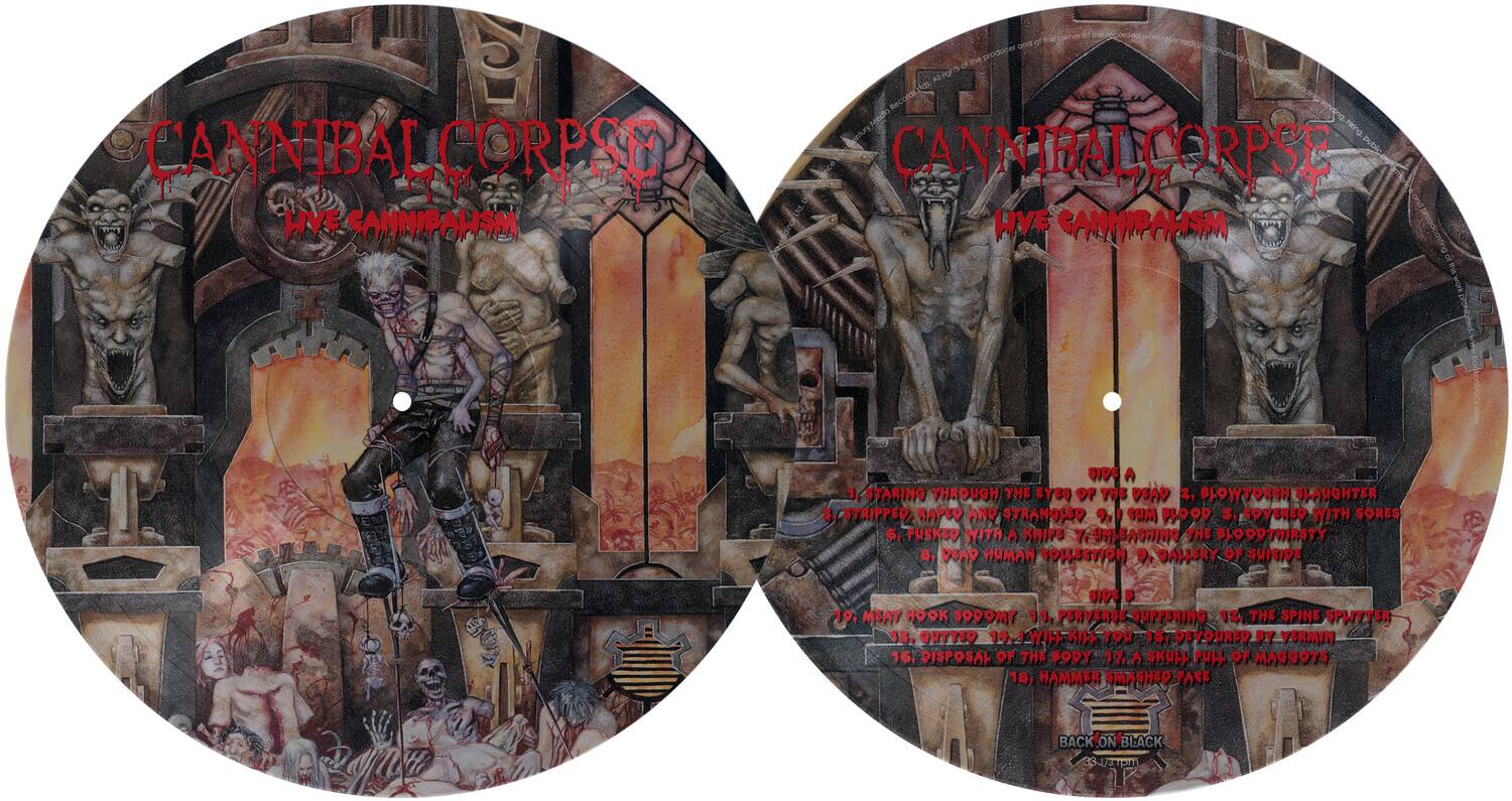 CANNIBAL CORPSE  
HIVE CANNIPALISM

SIDE A  
1. STARING THROUGH THE EYES OF THE DEAD  
2. BLOWTORCH SLAUGHTER  
3. STRIPPED, RAPED AND STRANGLED  
4. BLOOD COVERED WITH SORES  
5. FUSKED WITH A KNIFE  
6. UNLEASHING THE BLOODTHIRSTY DEAD  
7. HUMAN COLLECTION  
8. GALLERY OF SUICIDE

SIDE B  
9. MEAT HOOK SODOMY  
10. PERVERSE SUFFERING  
11. THE SPINE SPLITTER  
12. OUTTED  
13. KILL YOU  
14. DEVOURED BY VERMIN  
15. DISPOSAL OF THE BODY  
16. SKULL FULL OF MAGGOTS  
17. HAMMER SMASHED FACE

BACK ON BLACK  
33-1/3
