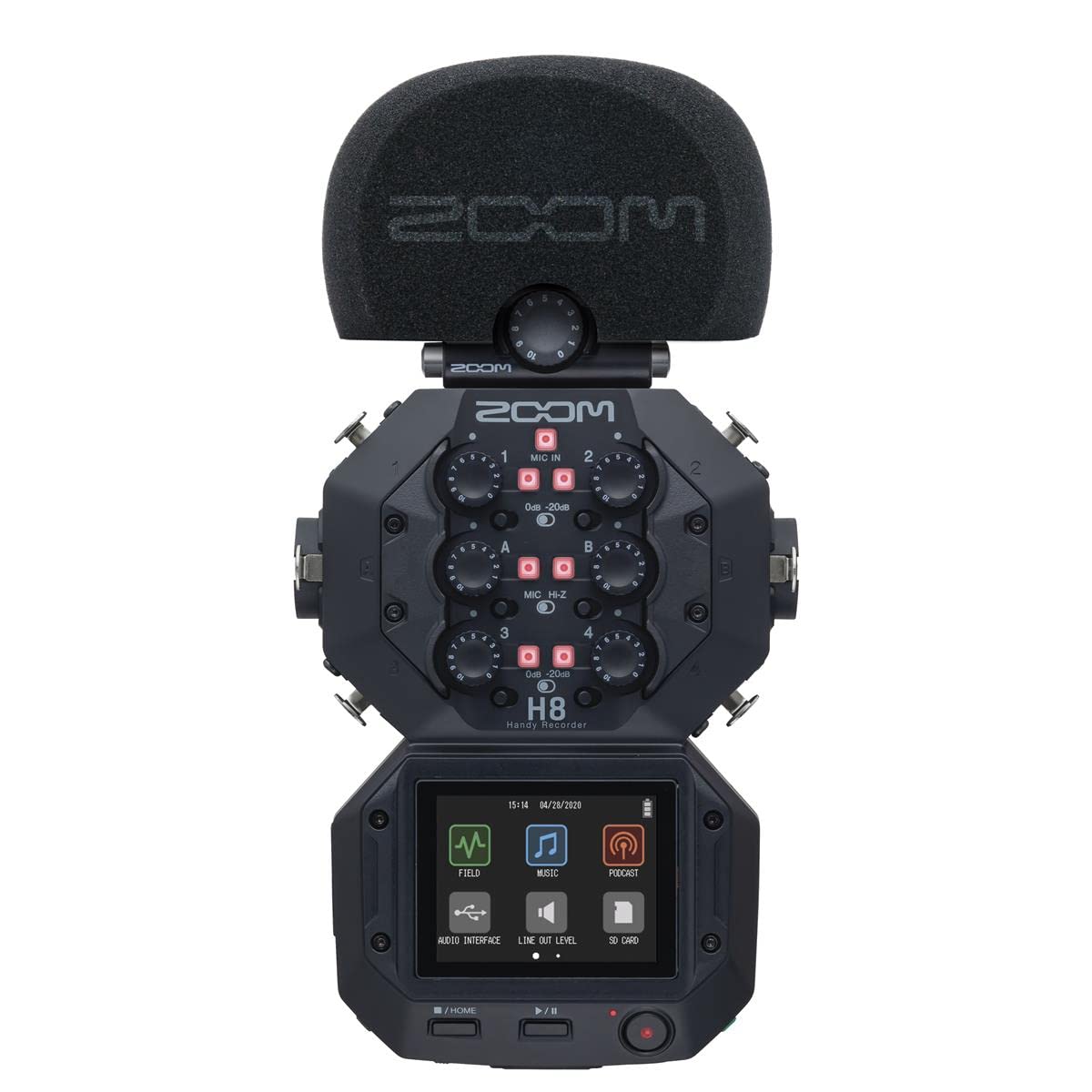 MOOS  
0 0 e MCOS  
1  
1 2  
S =  
MCOS  
I  
1  
MIC IN  
2  
1  
2  

0d8 -20cB ]  
0  
0  
A  

-  
,  

MIC H-Z  
&  
D  
0 5  
3  
4 4  
I  
I  

0d8 -20dB e 0 H8 Handy Recorder  
15:14 04/28/2020  
FIELD  
MUSIC  
PODCAST  
AUDIO ENTERFACE LINE OUT LEVEL  
S CARD  
THOME