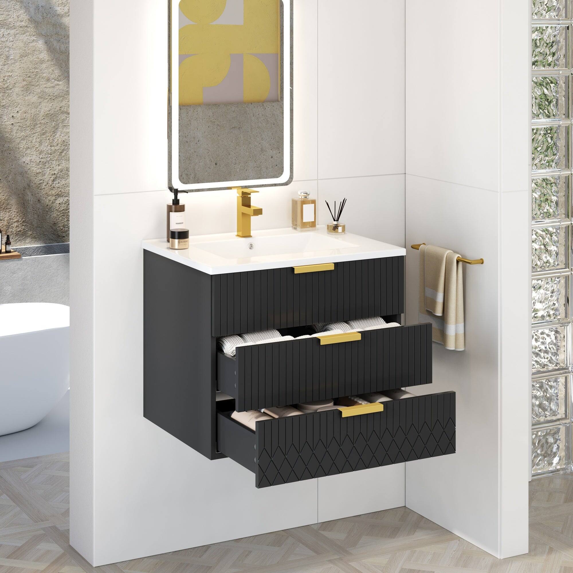 Alt View 5. Boyel Living - 24 Inch Wall Mounted Bathroom Vanity with Ceramic Sink and Double Drawers Black - Black.