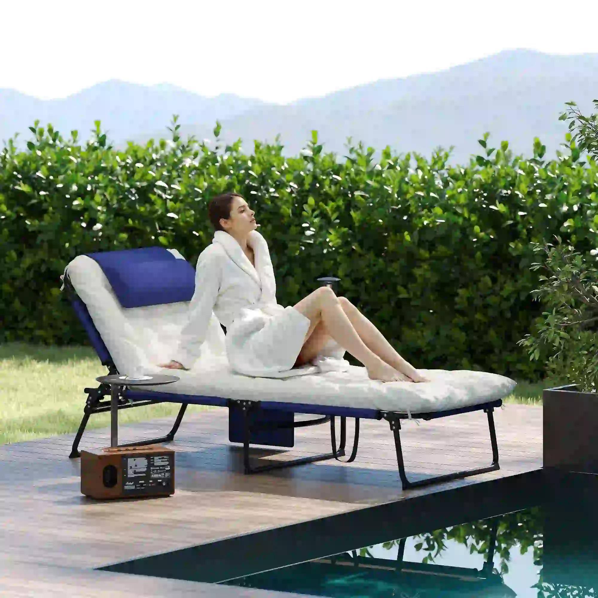 Left. Resenkos - Resenkos Folding Chaise Lounge Pool Chair With 4-Level Reclining Back, Cushion, Side Pocket, Headrest, Blue - Blue.