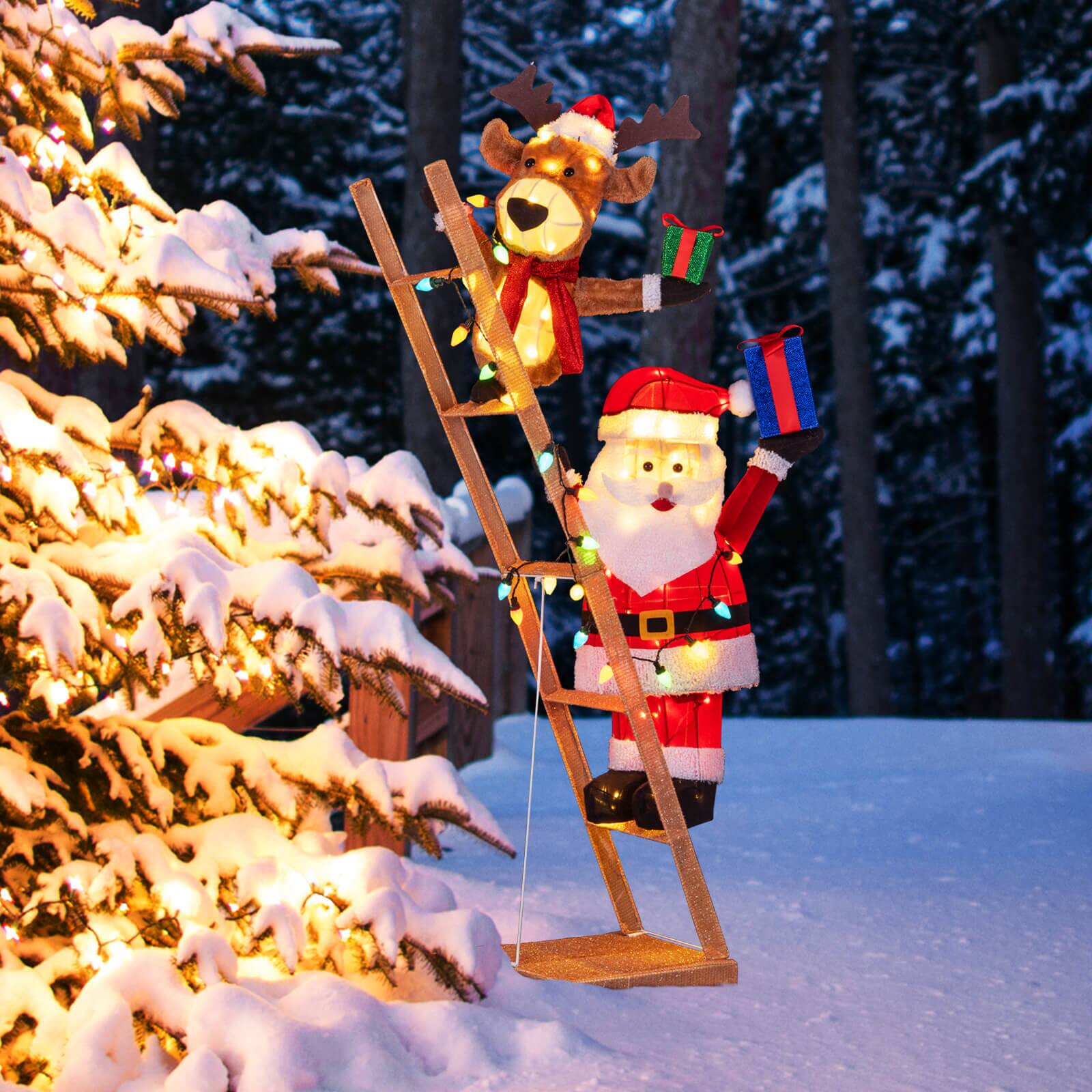 Costway - 5.5 FT Lighted Reindeer & Santa Claus on Ladder with 100 LED Lights, Zip Ties Advent Calendar - Multicolor