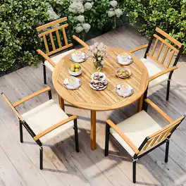 Costway - Coatway 5 Pieces Outdoor Acacia Wood Dining Set with Cushions for Porch, Balcony, Garden - Natural and Black