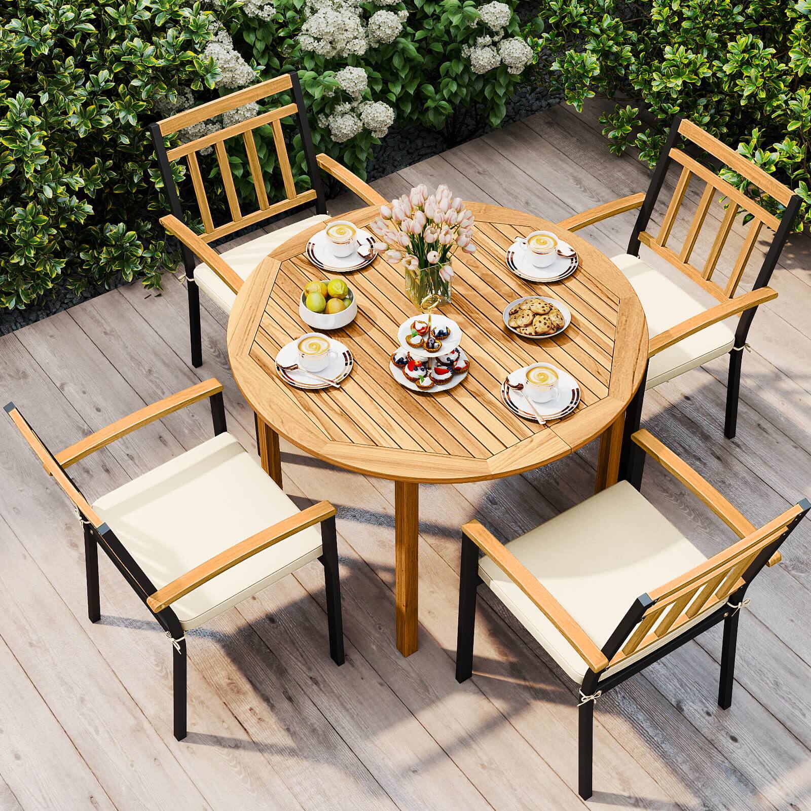 Alt View 1. Costway - Coatway 5 Pieces Outdoor Acacia Wood Dining Set with Cushions for Porch, Balcony, Garden - Natural,Black.