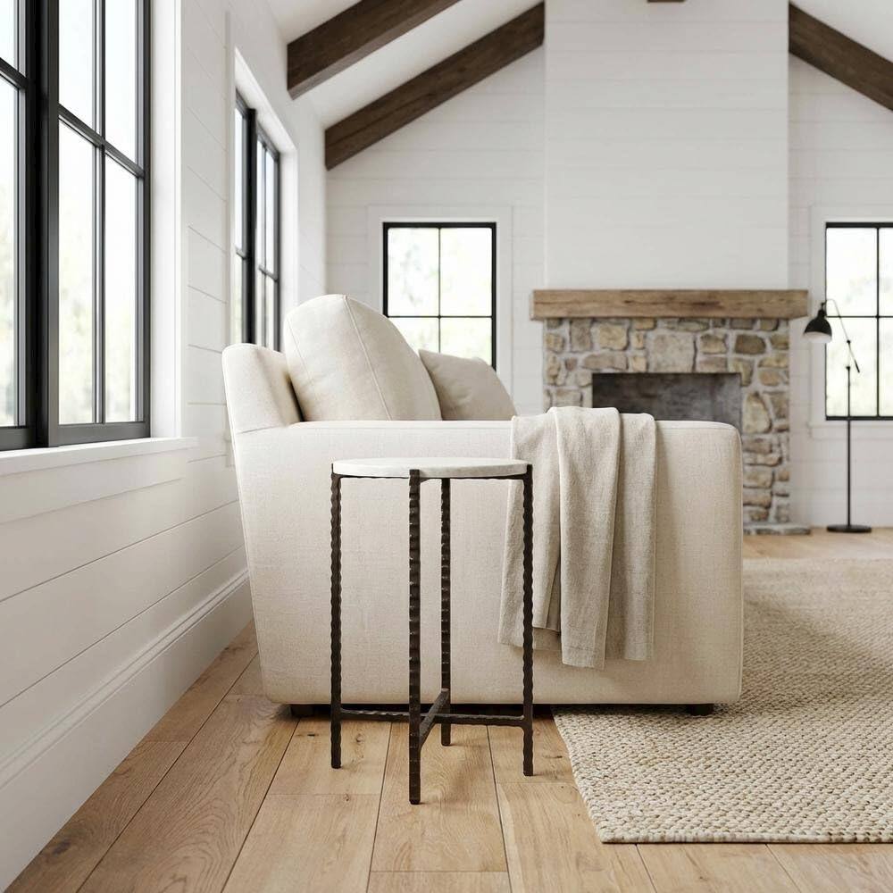 Angle. Starlight Canyon Home - Round Side Table with Metal Base, Transitional End Table for Living Room - Multi-Color.