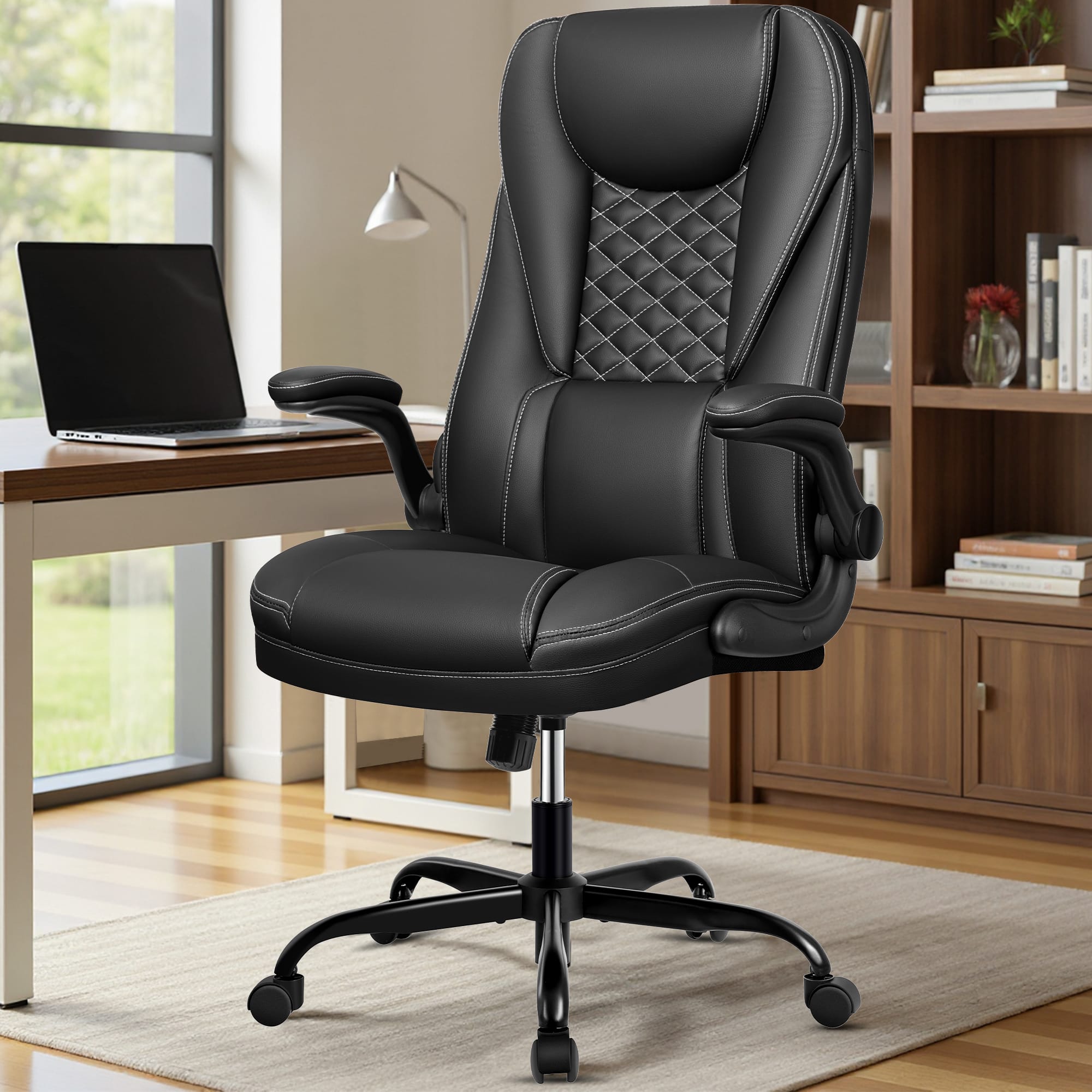 KERDOM - Ergonomic PU Leather Chair with Flip-Up Arms, Executive Manager Chair, High Back Home Office Desk Chair Computer Chair - Black