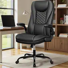 KERDOM - Ergonomic PU Leather Chair with Flip-Up Arms, Executive Manager Chair, High Back Home Office Desk Chair Computer Chair - Black