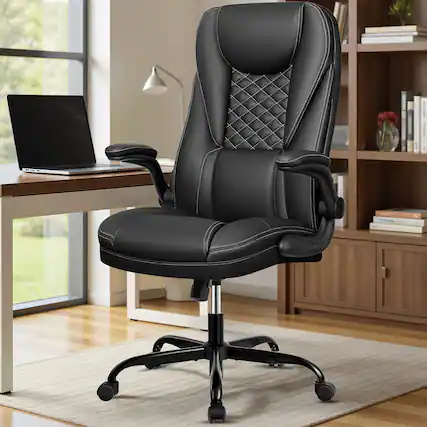 Front. KERDOM - Ergonomic PU Leather Chair with Flip-Up Arms, Executive Manager Chair, High Back Home Office Desk Chair Computer Chair - Black.