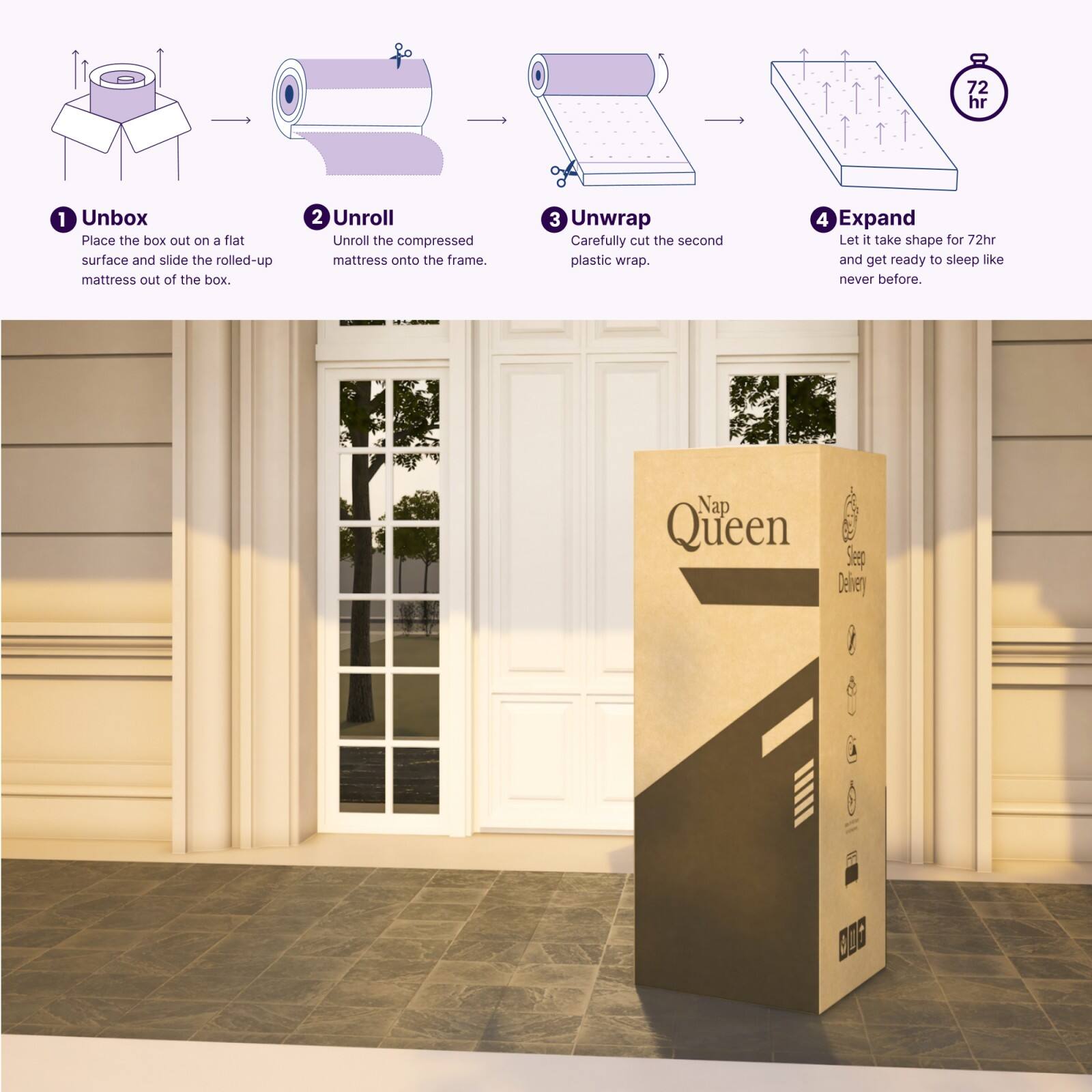 1. Unbox  
   Place the box out on a flat surface and slide the rolled-up mattress out of the box.

2. Unroll  
   Unroll the compressed mattress onto the frame.

3. Unwrap  
   Carefully cut the second plastic wrap.

4. Expand  
   Let it take shape for 72hr and get ready to sleep like never before.

Nap Queen  
Sleep Delivery