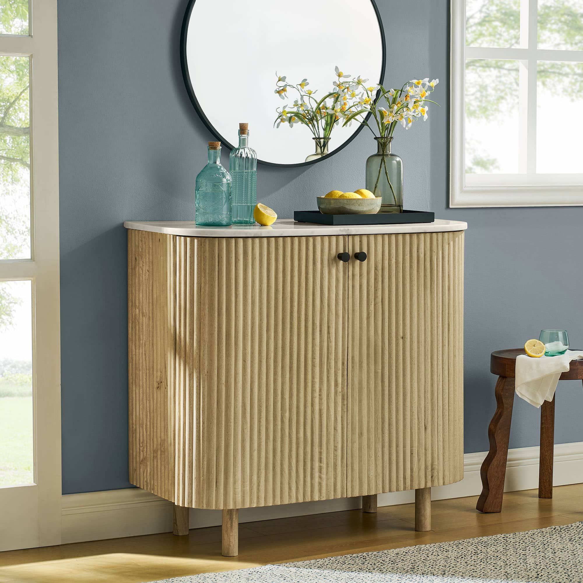 Caldera 33" Curved Solid Wood and Marble Accent Storage Cabinet by Modway - Natural