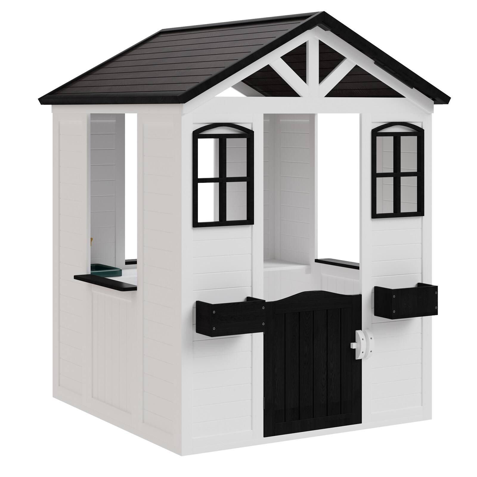 Front. U-HOMY - White Wooden Playhouse for Kids with Door & Windows - White.