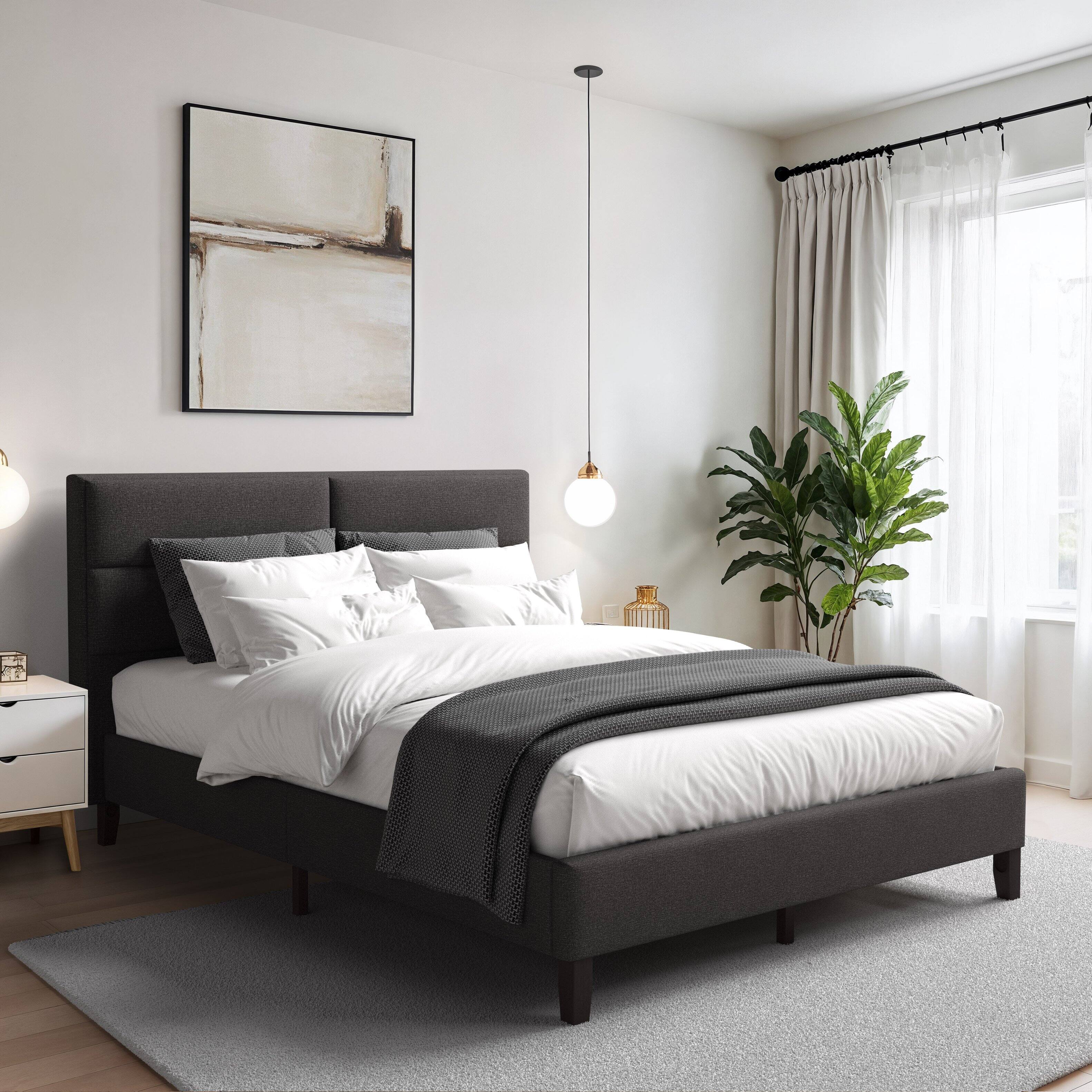 Left. CorLiving - CorLiving Emerson Dark Grey Upholstered Queen Platform Bed Frame with Rectangle Tufted Headboard and Slats - Dark Grey.