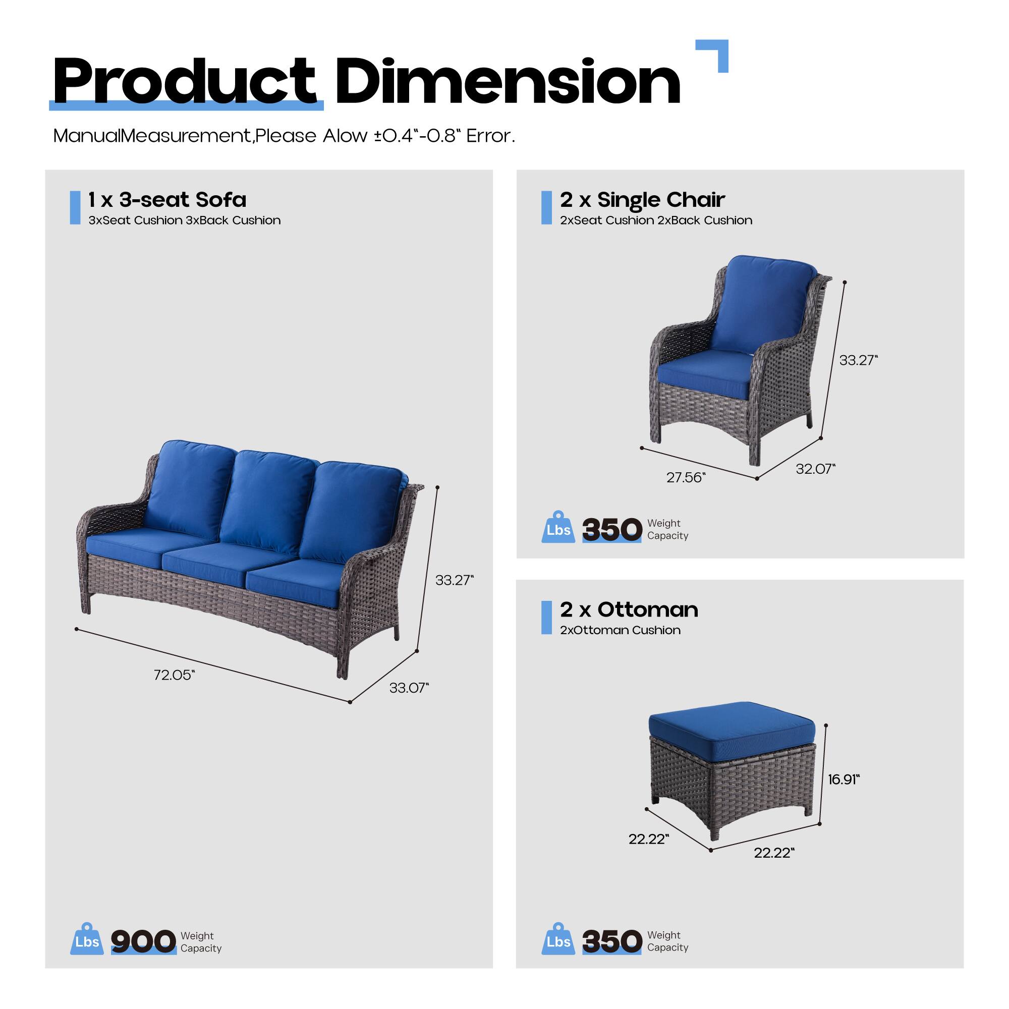 Product Dimension

Manual Measurement. Please Allow ±0.4"-0.8" Error.

1 x 3-seat Sofa  
3x Seat Cushion 3x Back Cushion  
72.05" x 33.27" x 32.07"  
Weight Lbs 900  
Capacity 350

2 x Single Chair  
2x Seat Cushion 2x Back Cushion  
33.27" x 27.56" x 32.07"  
Weight Lbs 350  
Capacity 350

2 x Ottoman  
2x Ottoman Cushion  
22.22" x 22.22" x 16.91"  
Weight Lbs 350  
Capacity 350