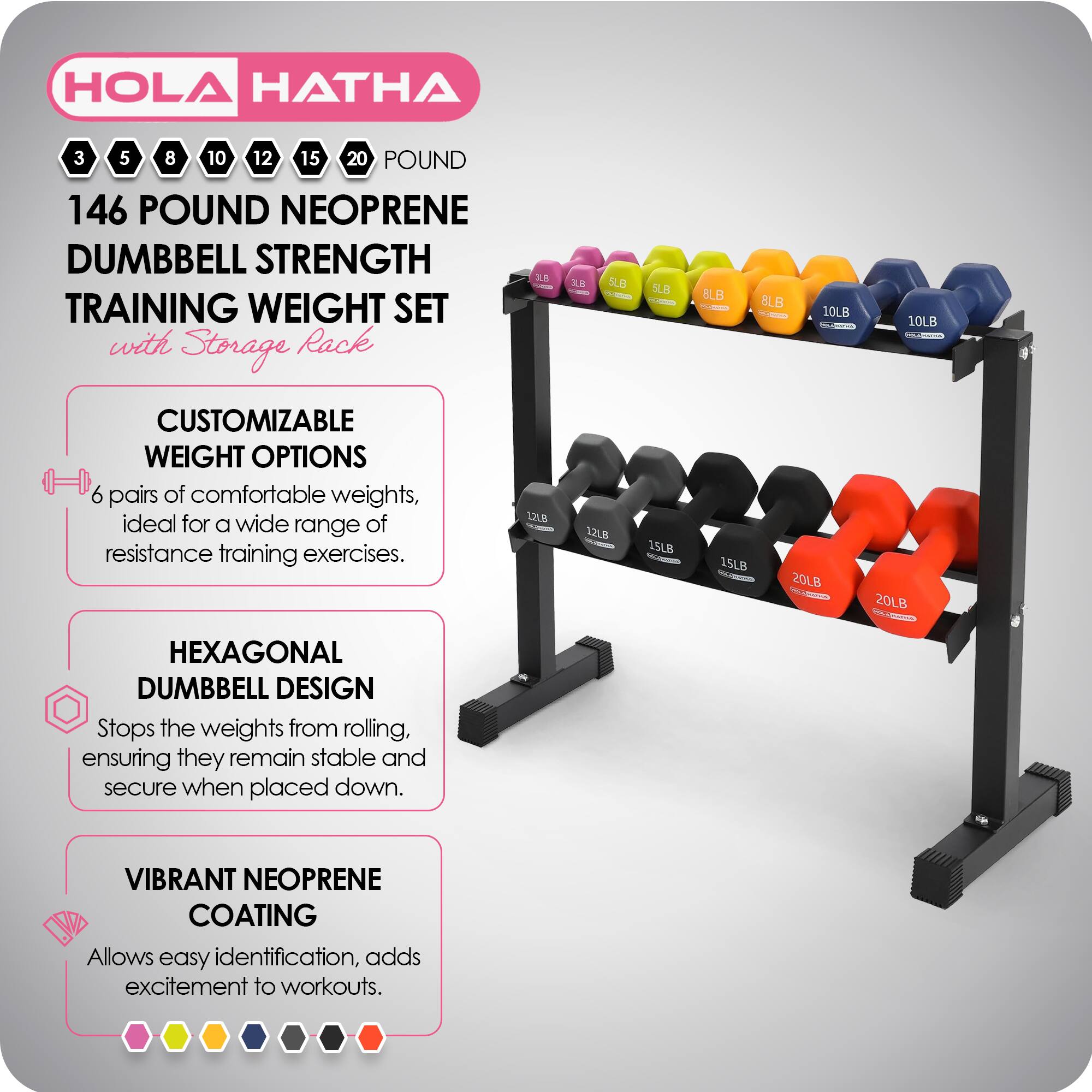 HOLA HATHA 3 5 8 10 12 15 20 POUND 146 POUND NEOPRENE DUMBBELL STRENGTH TRAINING WEIGHT SET with Storage Rack

CUSTOMIZABLE WEIGHT OPTIONS
6 pairs of comfortable weights, ideal for a wide range of resistance training exercises.

HEXAGONAL DUMBBELL DESIGN
Stops the weights from rolling, ensuring they remain stable and secure when placed down.

VIBRANT NEOPRENE COATING
Allows easy identification, adds excitement to workouts.