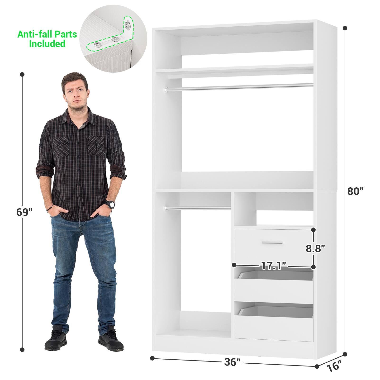 Anti-fall Parts Included

80"  
69"  
17.1"  
8.8"  
36"  
16"