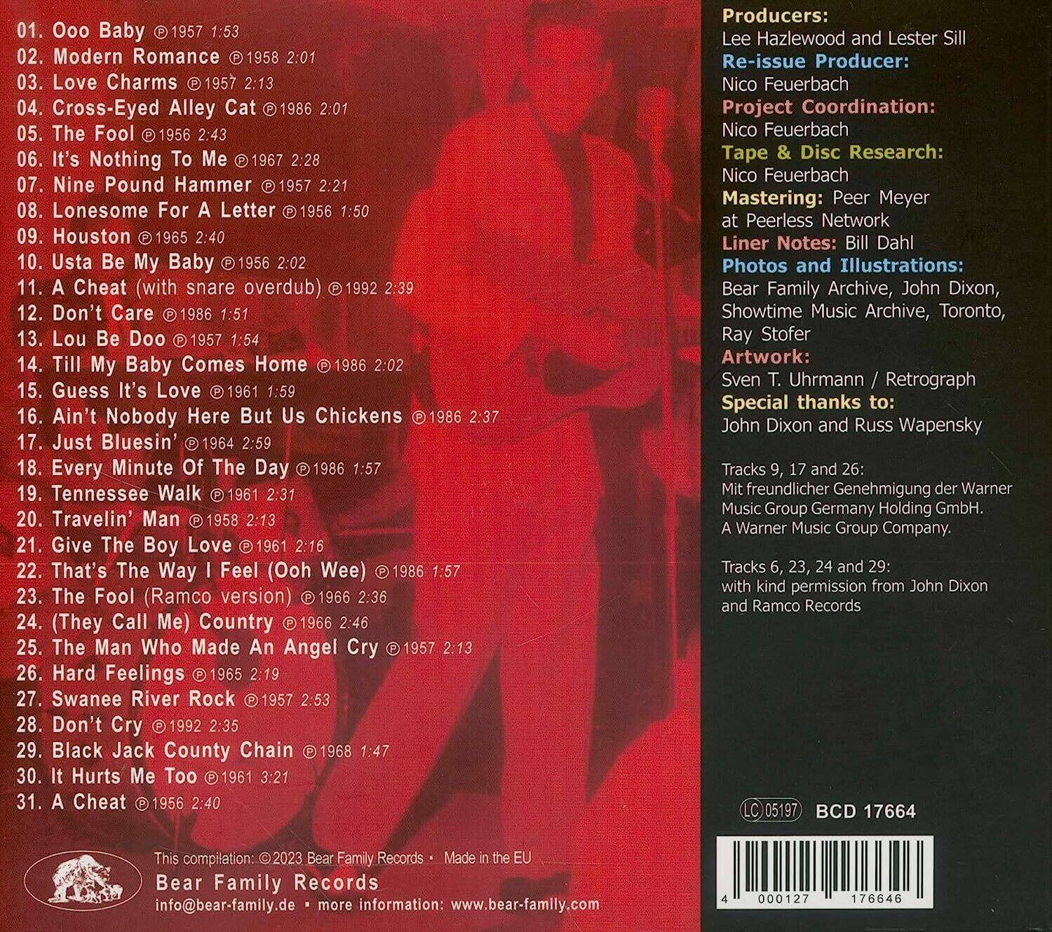 Sure, here is the corrected and grouped text:

---

**Track List:**

01. Ooo Baby (1957) 1:53  
02. Modern Romance (1958) 2:01  
03. Love Charms (1957) 2:13  
04. Cross-Eyed Alley Cat (1986) 2:07  
05. The Fool (1956) 2:43  
06. It's Nothing To Me (1967) 2:28  
07. Nine Pound Hammer (1957) 2:21  
08. Lonesome For A Letter (1956) 1:50  
09. Houston (1965) 2:40  
10. Usta Be My Baby (1956) 2:02  
11. A Cheat (with snare overdub) (1992) 2:39  
12. Don't Care (1986) 1:51  
13. Lou Be Doo (1957