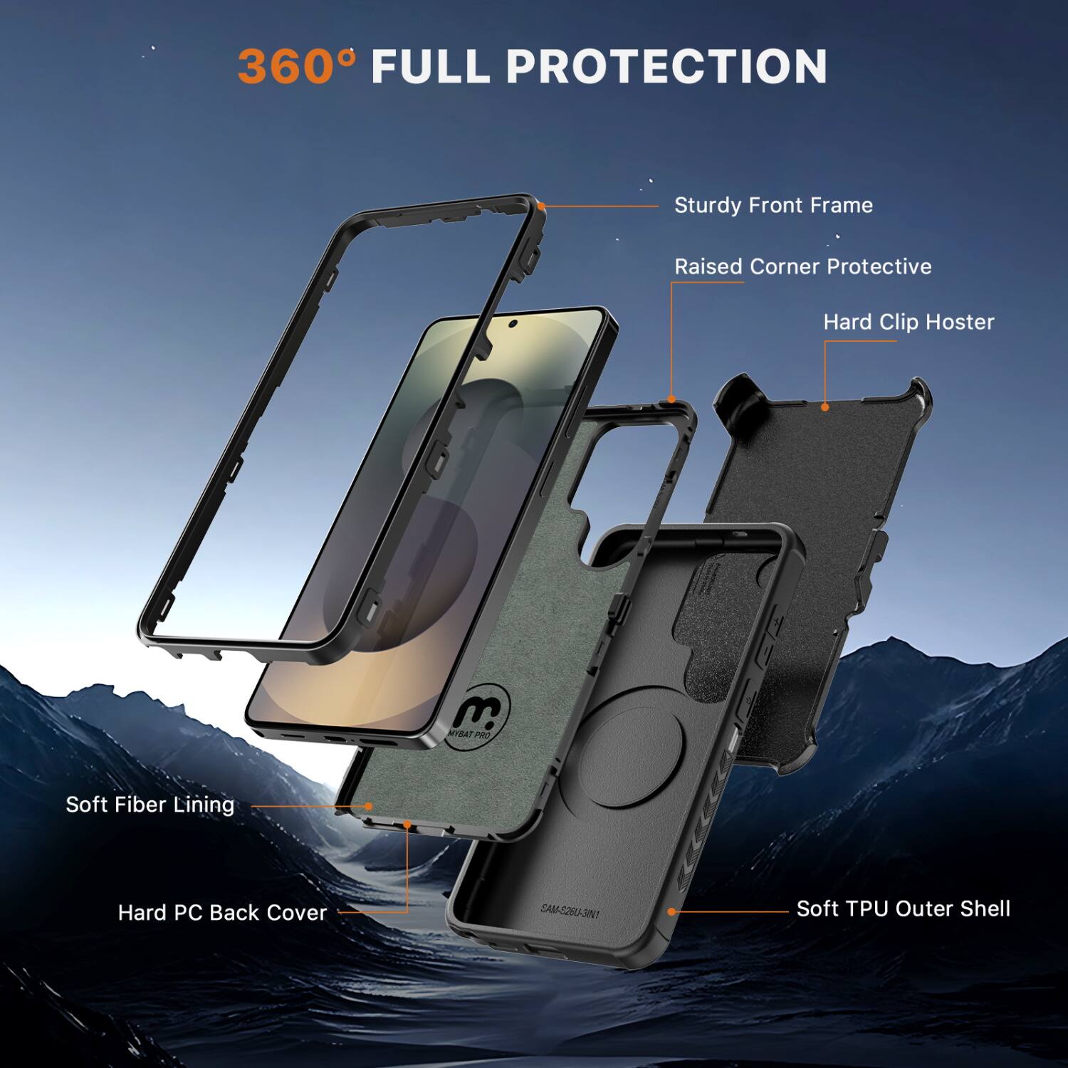 360° FULL PROTECTION

- Sturdy Front Frame
- Raised Corner Protective
- Hard Clip Host
- Soft Fiber Lining
- Hard PC Back Cover
- Soft TPU Outer Shell