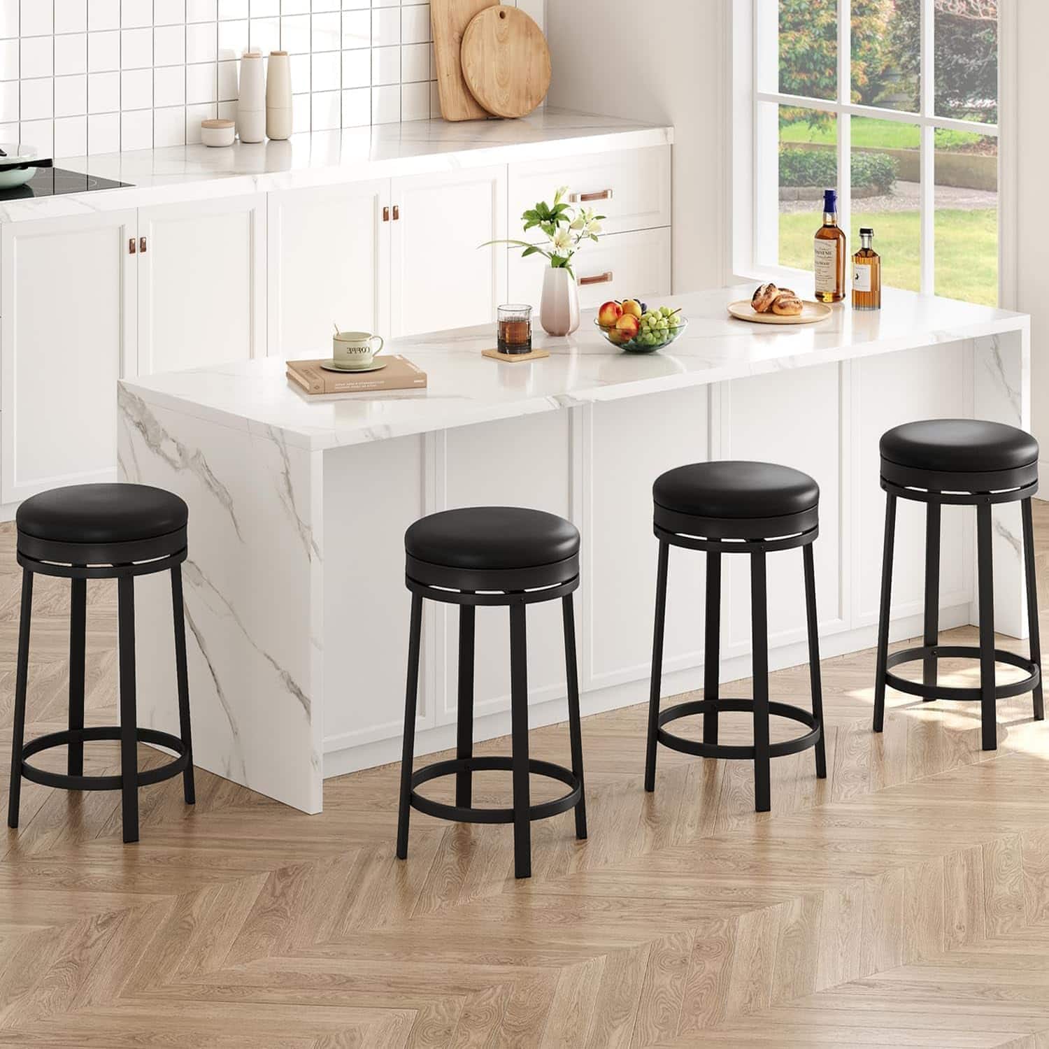GARVEE - 24" Swivel Bar Stools Set of 4 with Footrest, Modern Counter Height Barstools with PU Leather Upholstered - Black