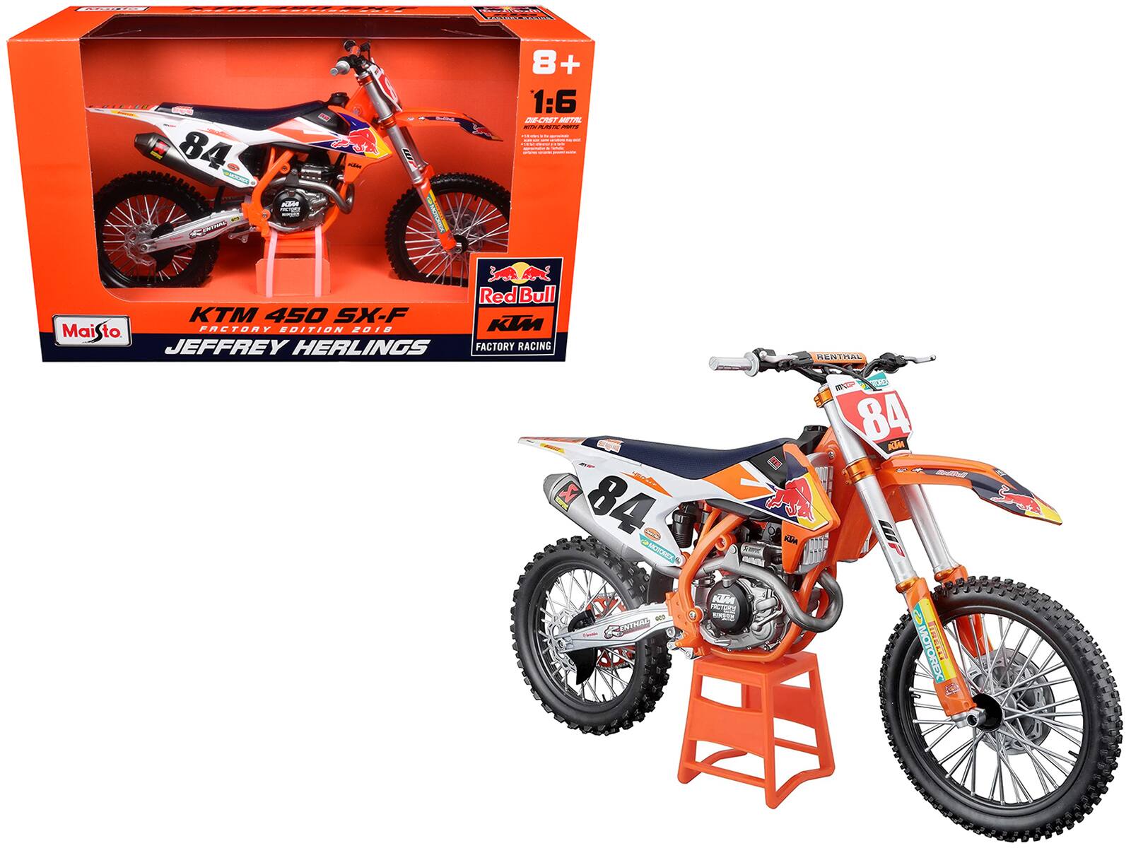 KTM 450 SX-F #84 Jeffrey Herlings "Red Bull KTM Factory Racing" (2018) 1/6 Diecast Motorcycle Model by Maisto - Multi