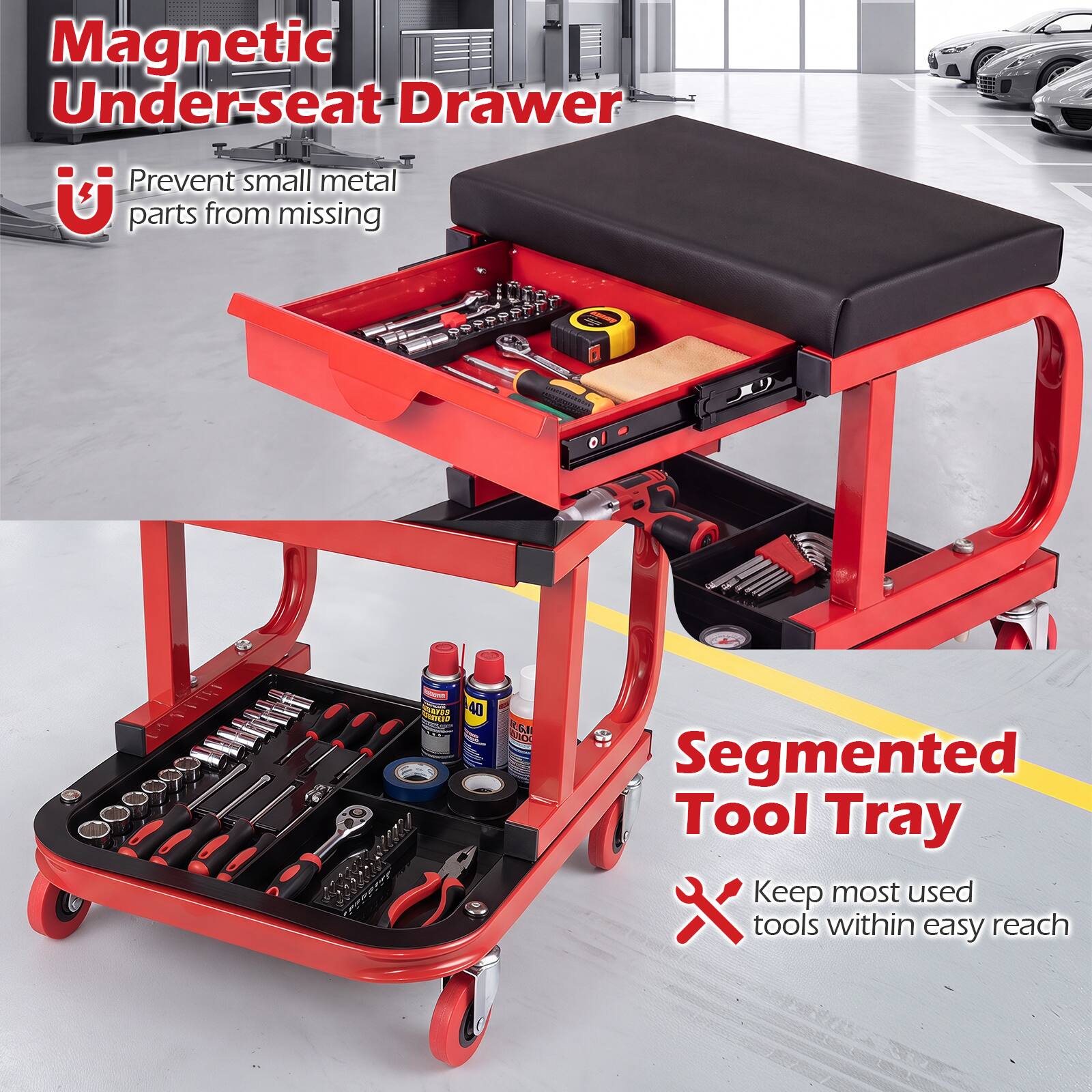 Magnetic Under-seat Drawer  
Prevent small metal parts from missing  

Segmented Tool Tray  
Keep most used tools within easy reach
