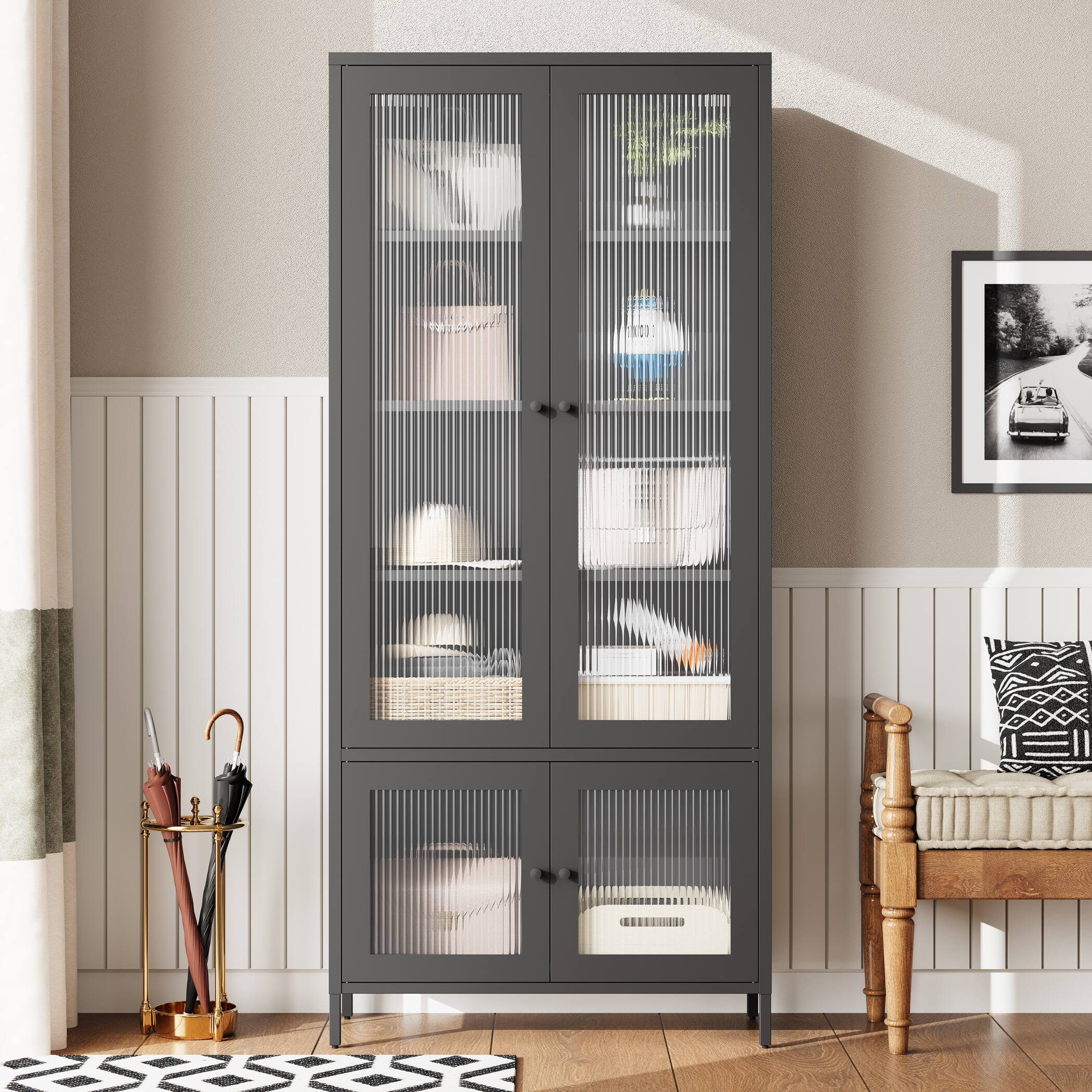 Left. GOODSILO - Large Metal Display Cabinet - Fluted Glass Doors, 5 Shelves, Black - Black.