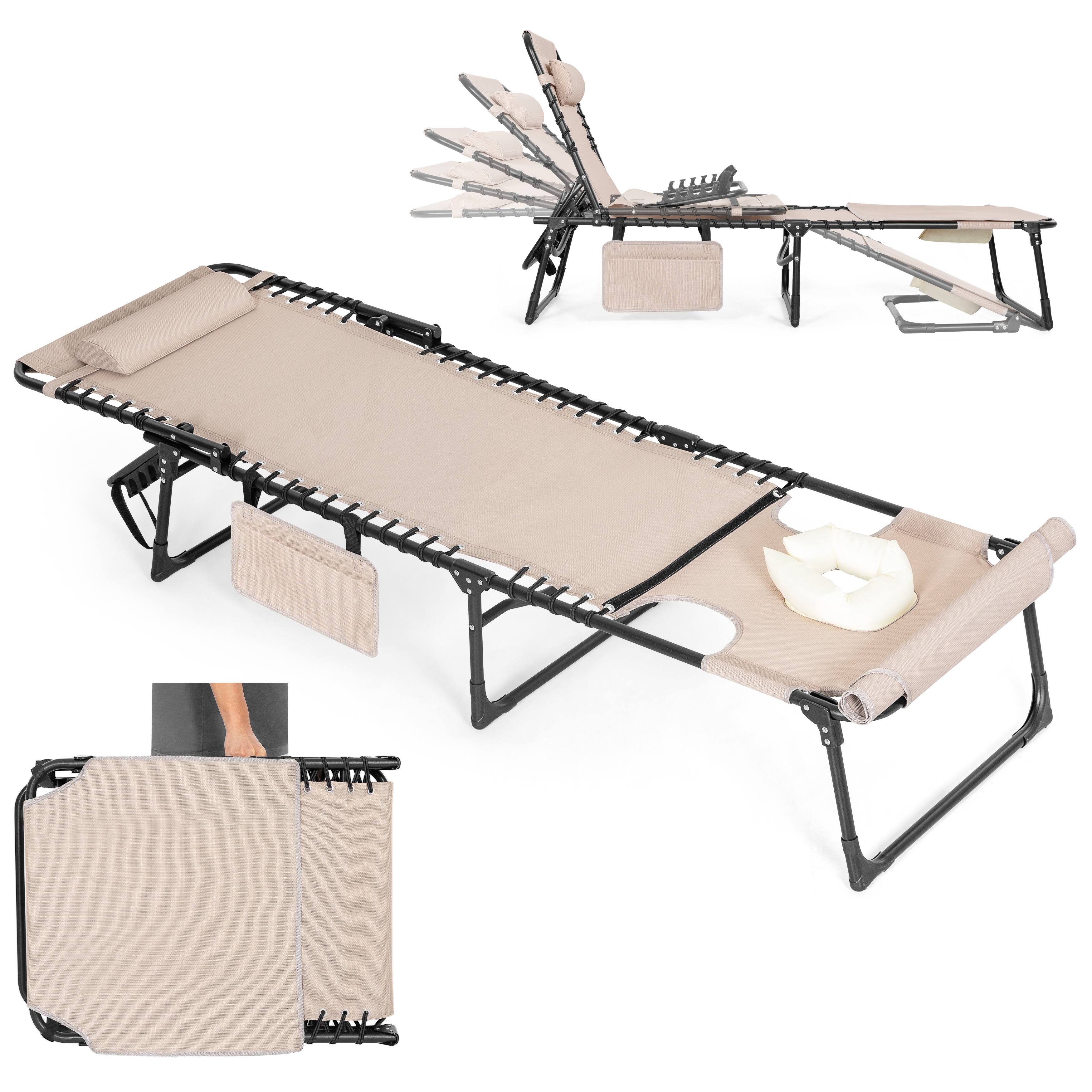 Back. Nuu Garden - Folding Chaise Lounge Chair, 5-Position Adjustable Recliner with Pillow and Face Hole - khaki and black.