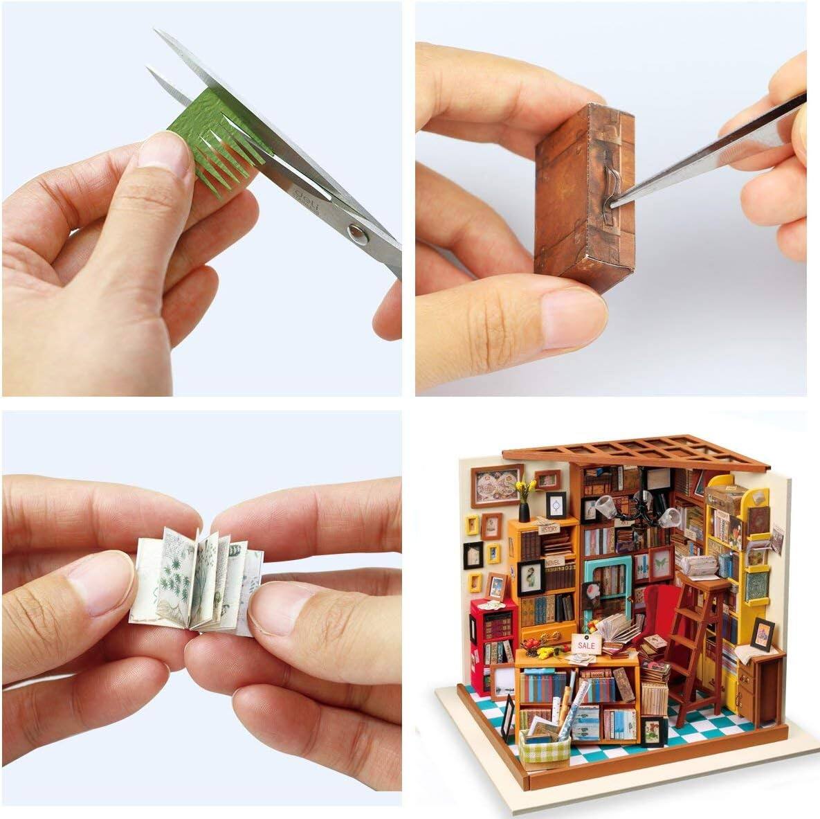 Alt View 4. Robotime - Rolife Sam's Study DIY Miniature Dollhouse Kit Bookstore Room Making Kit Mini Library Diorama, Wooden Model Building Set - Brown.