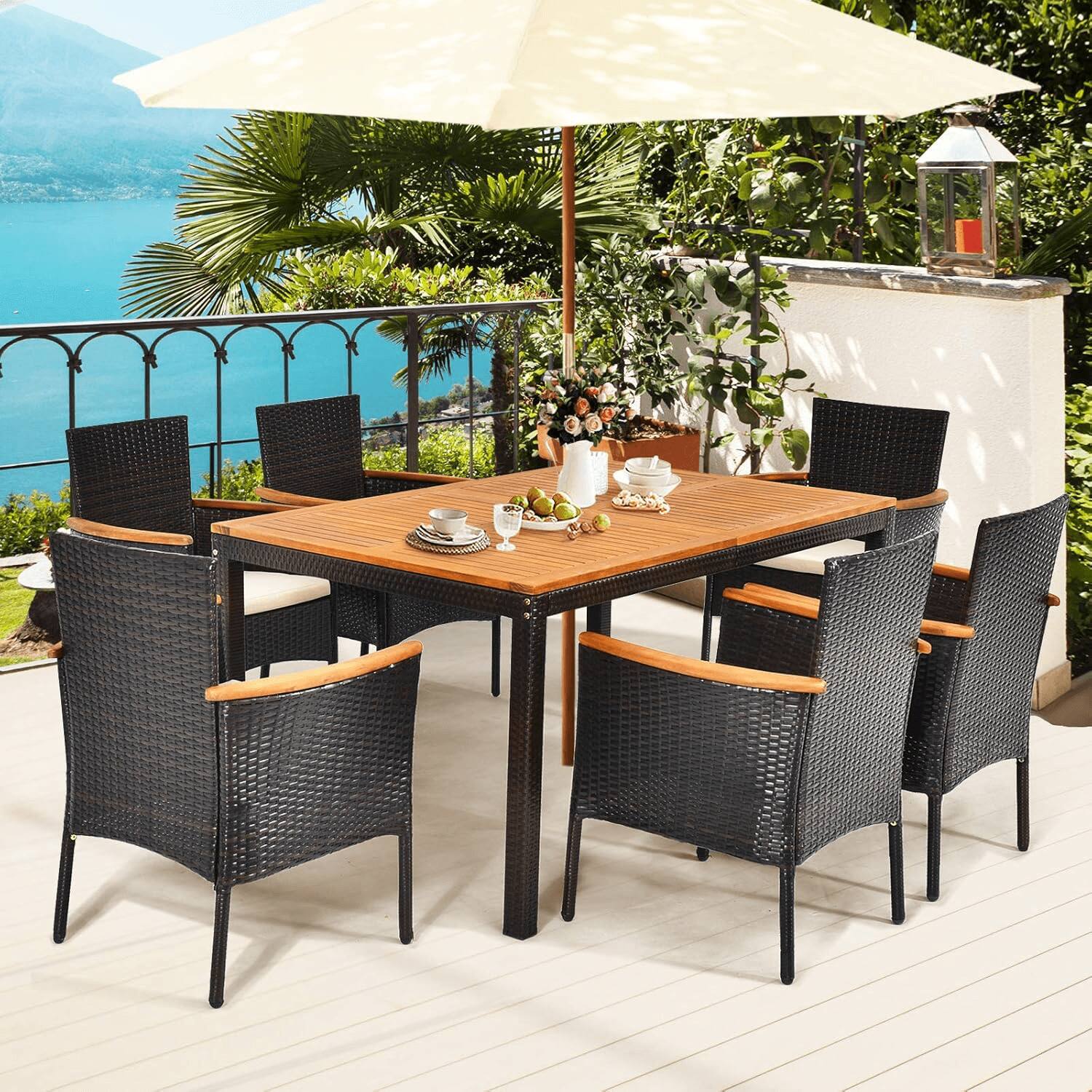 Alt View 4. Costway - Costway Outdoor Patio Wicker Chairs Set of 6 with Steel Frame & Soft Cushions, Armrests - Mix Brown & Beige.