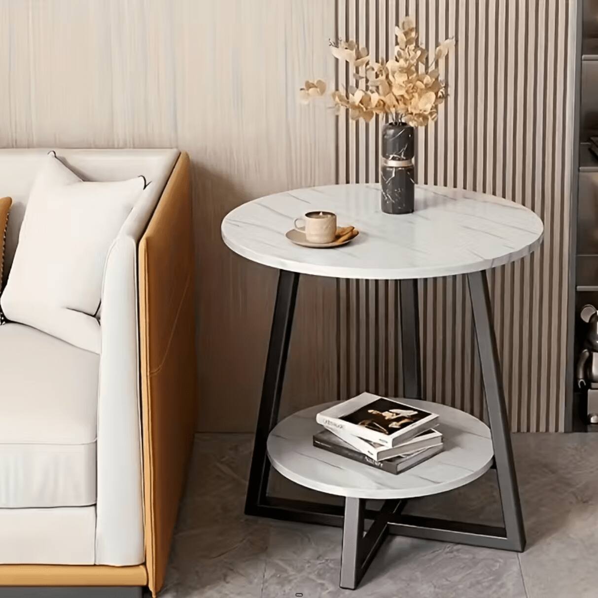 Left. WG - Modern 2-Tier Metal Coffee Table with Storage Shelves Compact Round Side Table for Living Room Balcony or Bedroom - Black, White.
