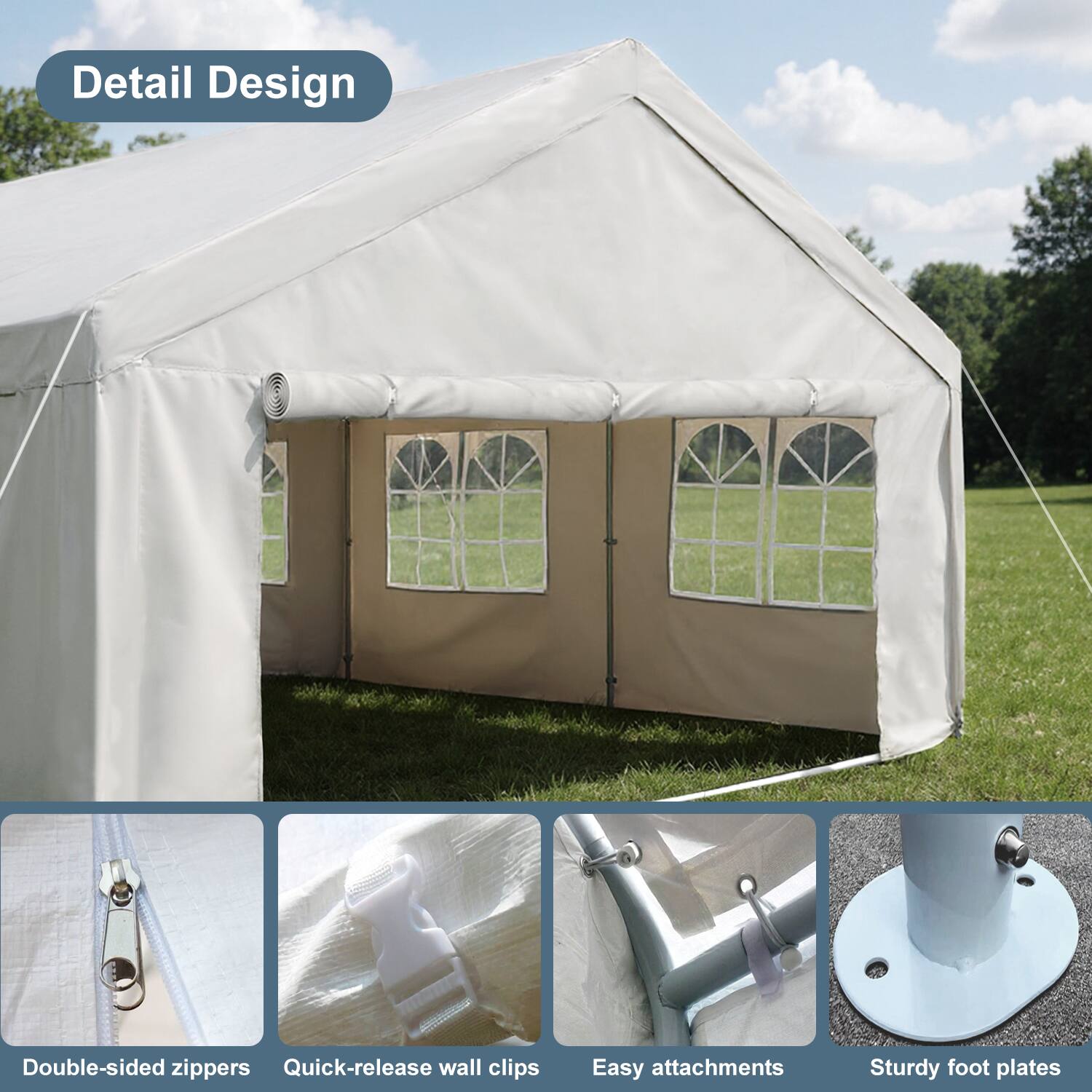 Detail Design

- Double-sided zippers
- Quick-release wall clips
- Easy attachments
- Sturdy foot plates