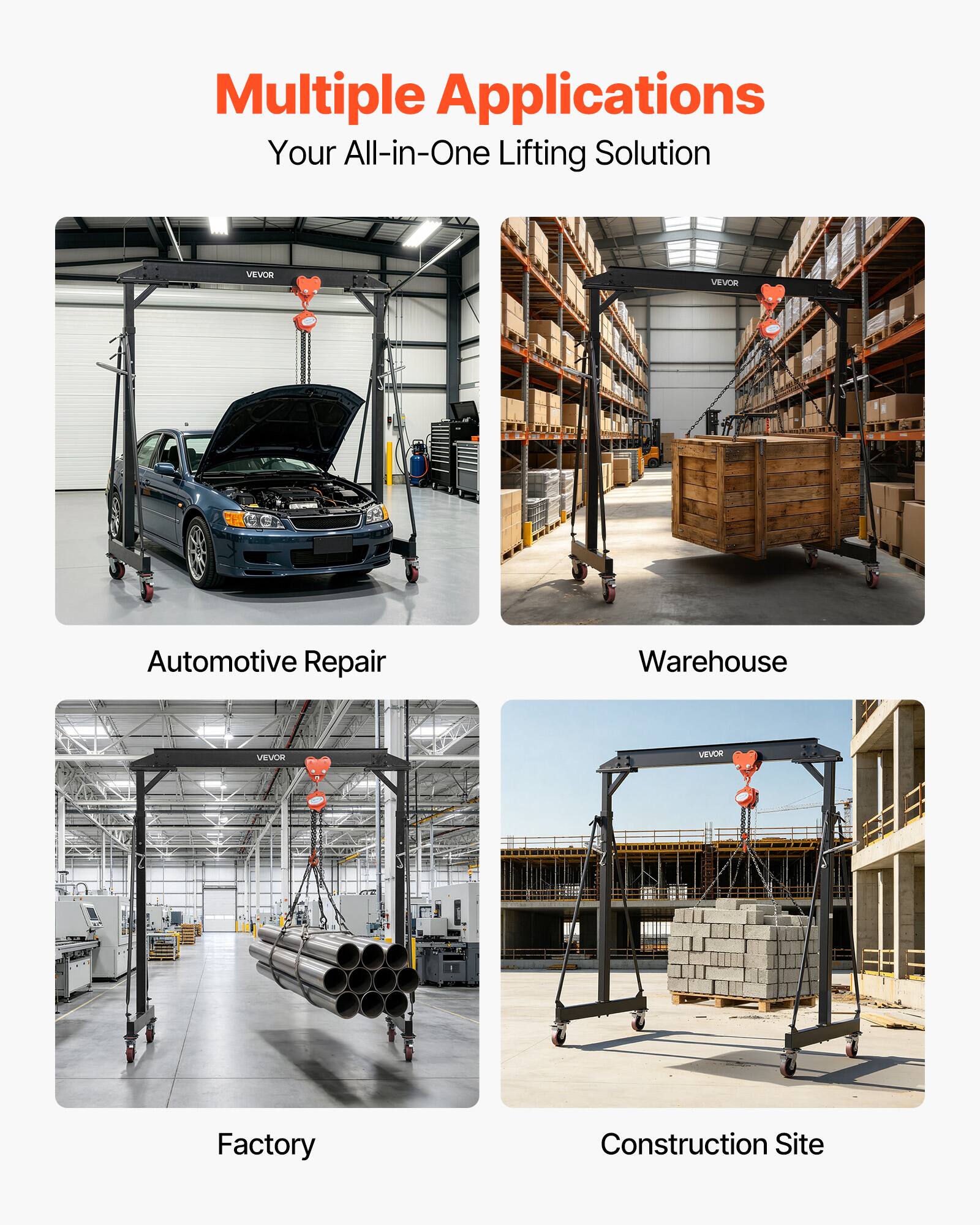 Multiple Applications  
Your All-in-One Lifting Solution  

Automotive Repair  
Warehouse  
Factory  
Construction Site