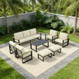 Anysun - All-Weather 7-Piece Ultra Aluminum Patio Furniture Set, with Extra Thick Back Sofa, Glass Table and Ottoman - Beige