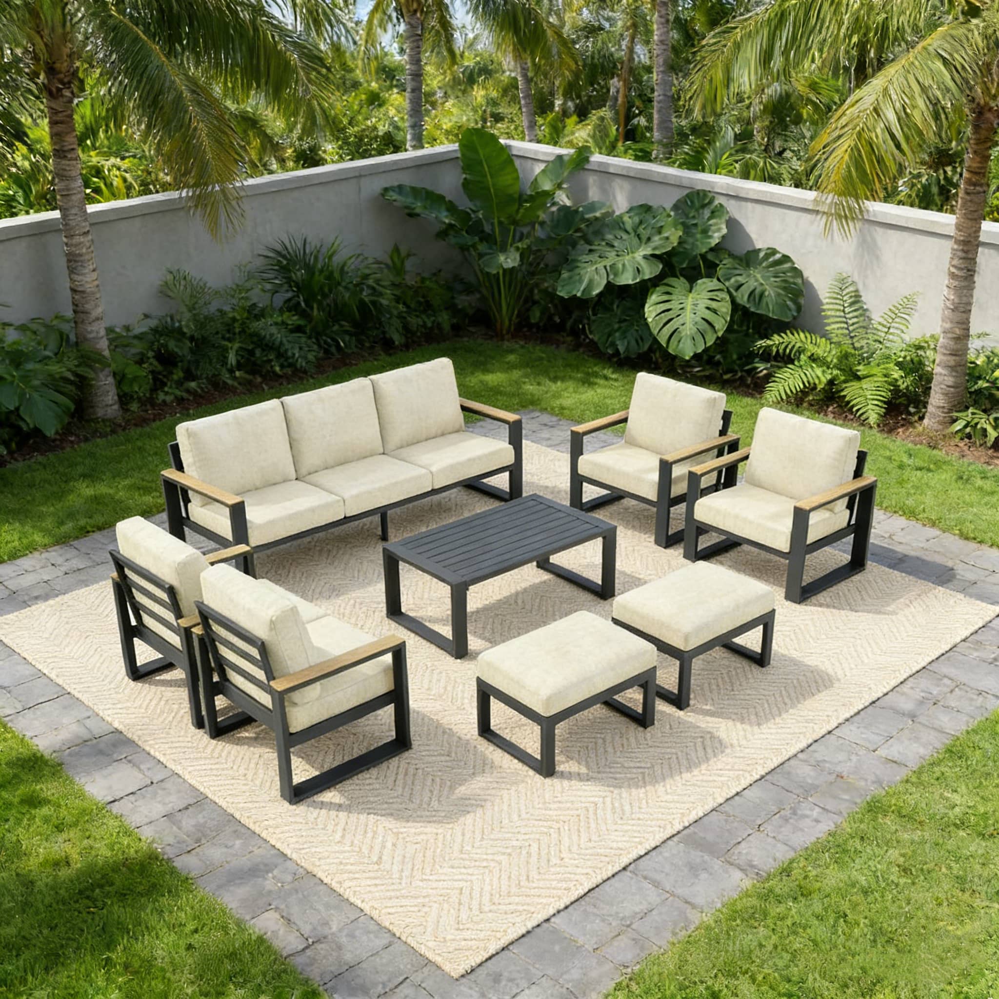 Front. Anysun - All-Weather 7-Piece Ultra Aluminum Patio Furniture Set, with Extra Thick Back Sofa, Glass Table and Ottoman - Beige.