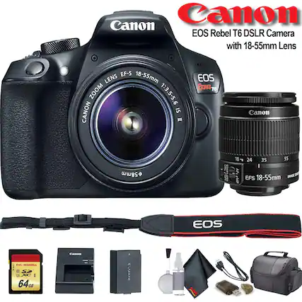 Canon EOS Rebel T6 DSLR Camera with 18-55mm Lens EF-S 18-55mm Zoom Lens 1:3.5-5.6 IS II
Canon 58mm Lens
Canon EOS Rebel T6
Canon 18-55mm Lens
Canon 64GB SD Card
Canon Battery
Canon Strap
Canon Cleaning Kit
Canon Camera Bag