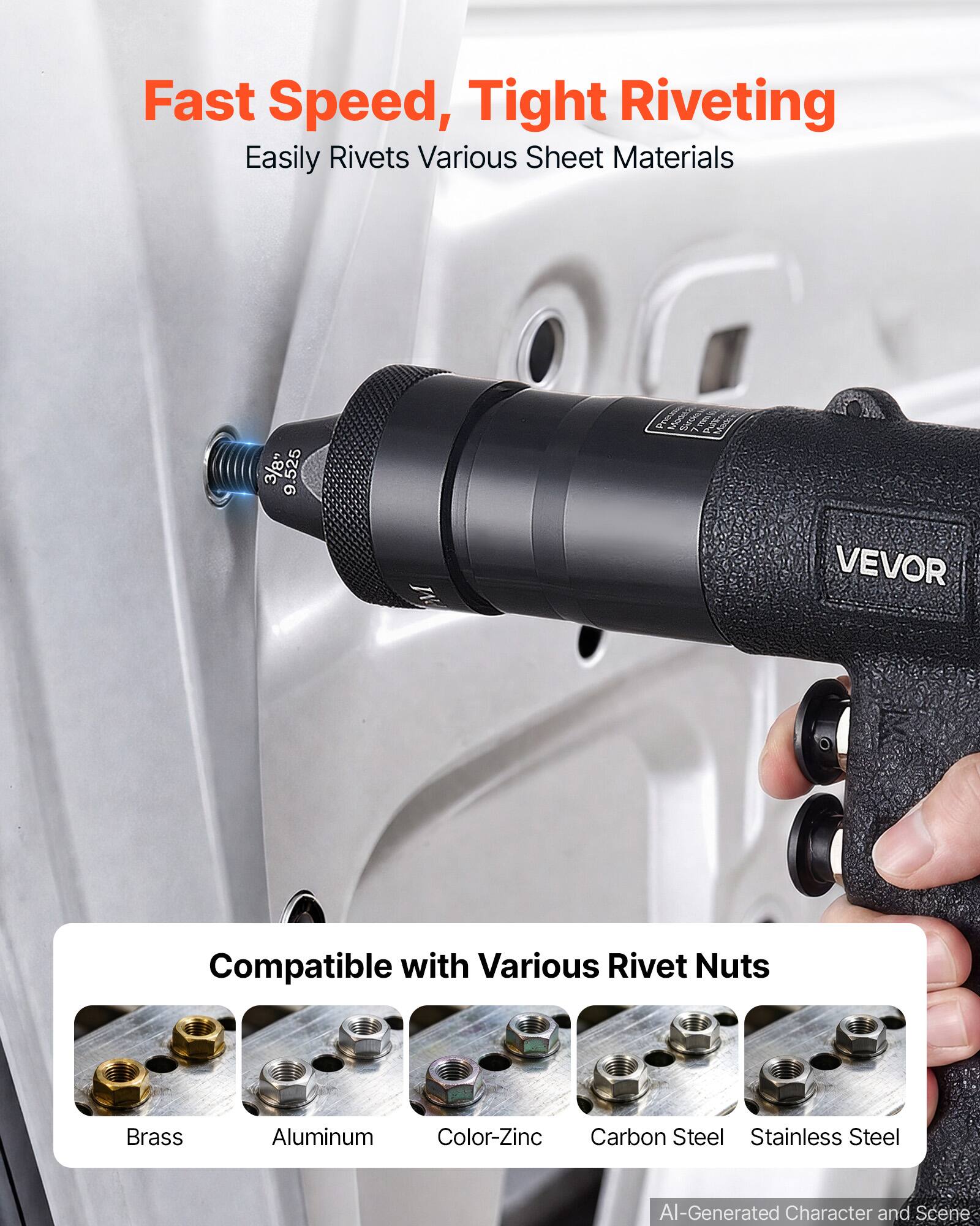 Fast Speed, Tight Riveting  
Easily Rivets Various Sheet Materials  

3/8" VEVOR  

Compatible with Various Rivet Nuts  
Brass  
Aluminum  
Color-Zinc  
Carbon Steel  
Stainless Steel  

AI-Generated Character and Scene