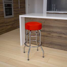 Emma + Oliver - Retro Backless Double Ring Chrome Restaurant Dining Barstool - Red