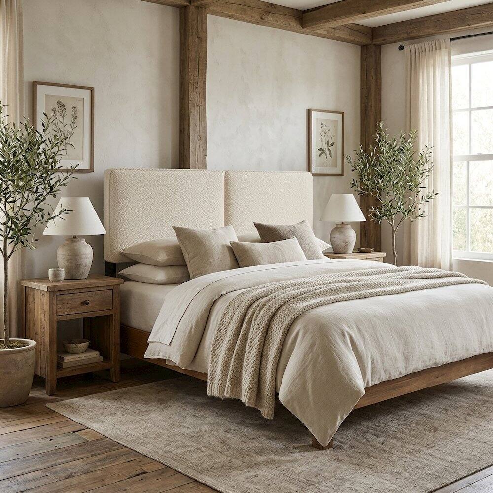 Angle. FurniFact - Boucle Fabric King Headboard in Soft Neutral, Sturdy Frame, Elegant Design - Beige.
