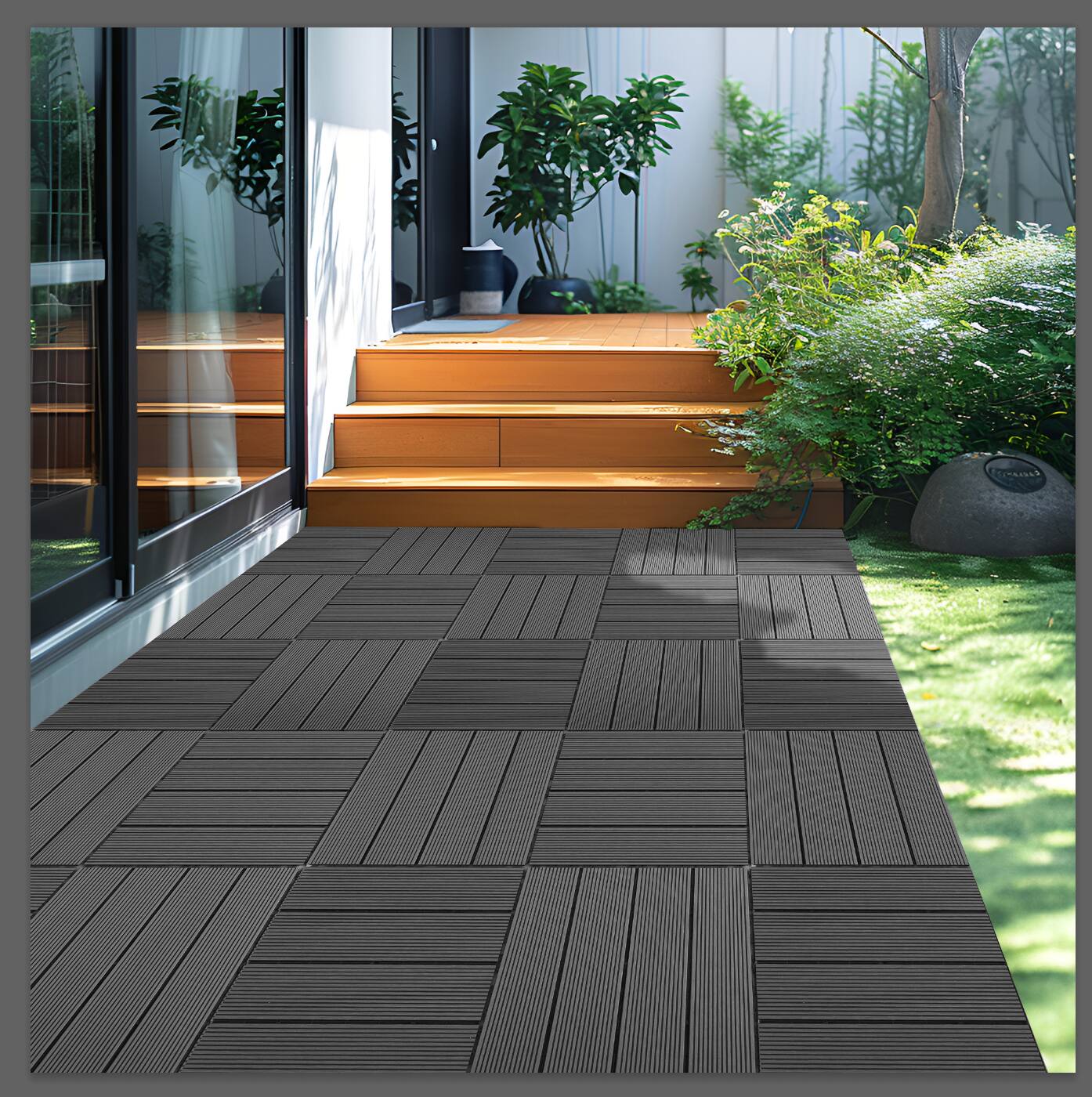 Alt View 7. GOODSILO - Heavy-Duty Interlocking Deck Tiles - 9 PCS Wood-Plastic Composite Outdoor/Indoor Flooring 11.8" x 11.8" - Gray.