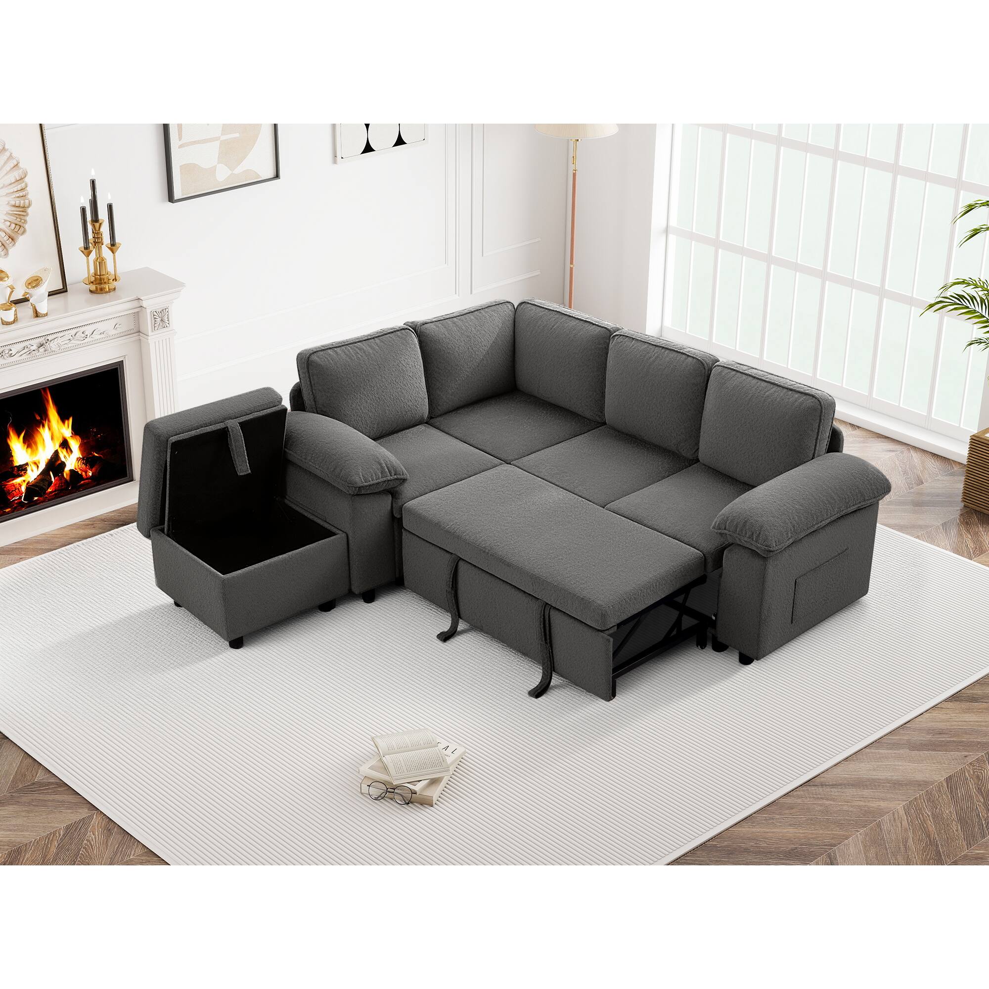 Angle. Brick Attic - 4 to 7 Seat Modular Pull Out Sofa Bed with Storage Ottoman Washable Covers and Side Pockets for Living Room - GR-5 Seat - Ottoman.