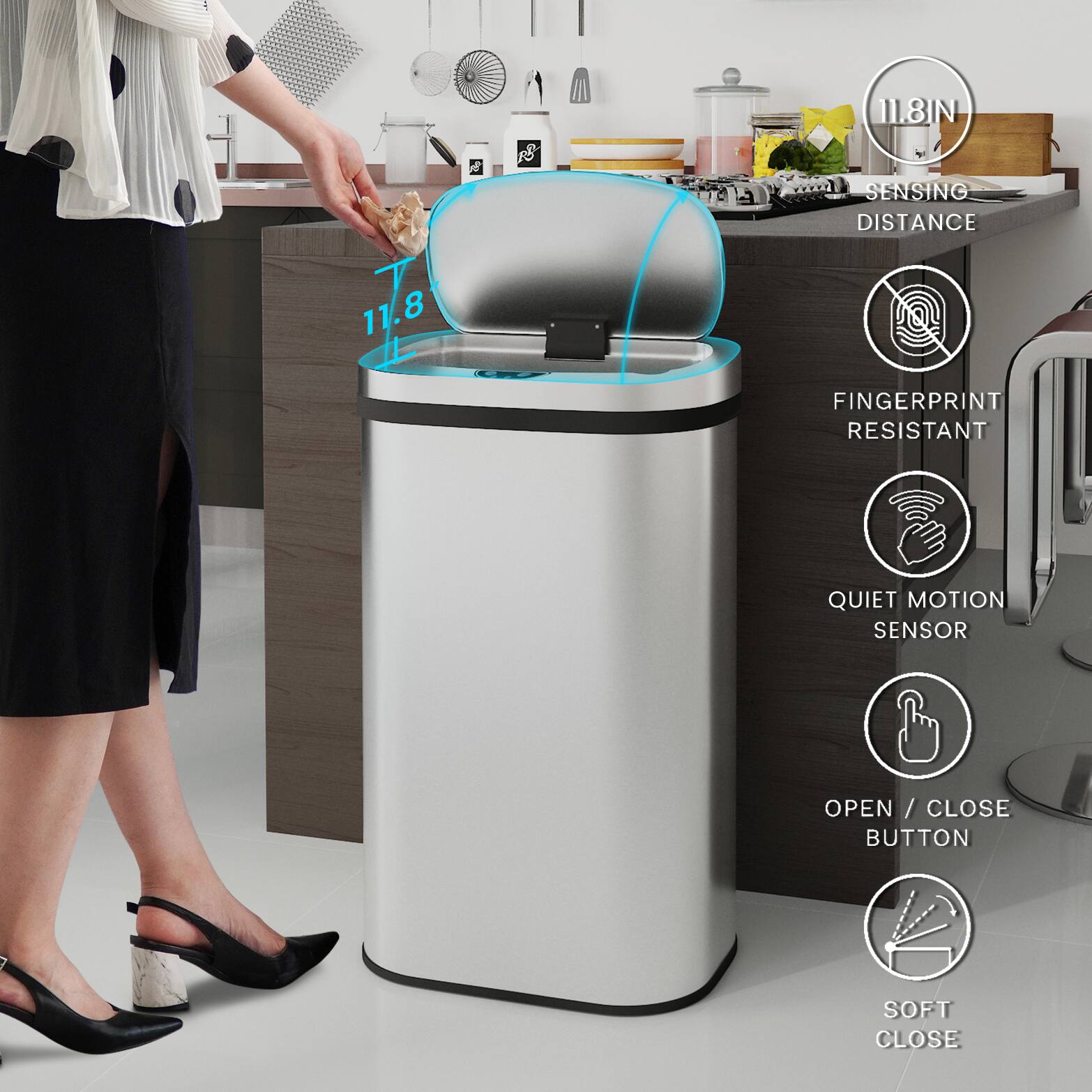 11.8IN SENSING DISTANCE, FINGERPRINT RESISTANT, QUIET MOTION SENSOR, OPEN / CLOSE BUTTON, SOFT CLOSE