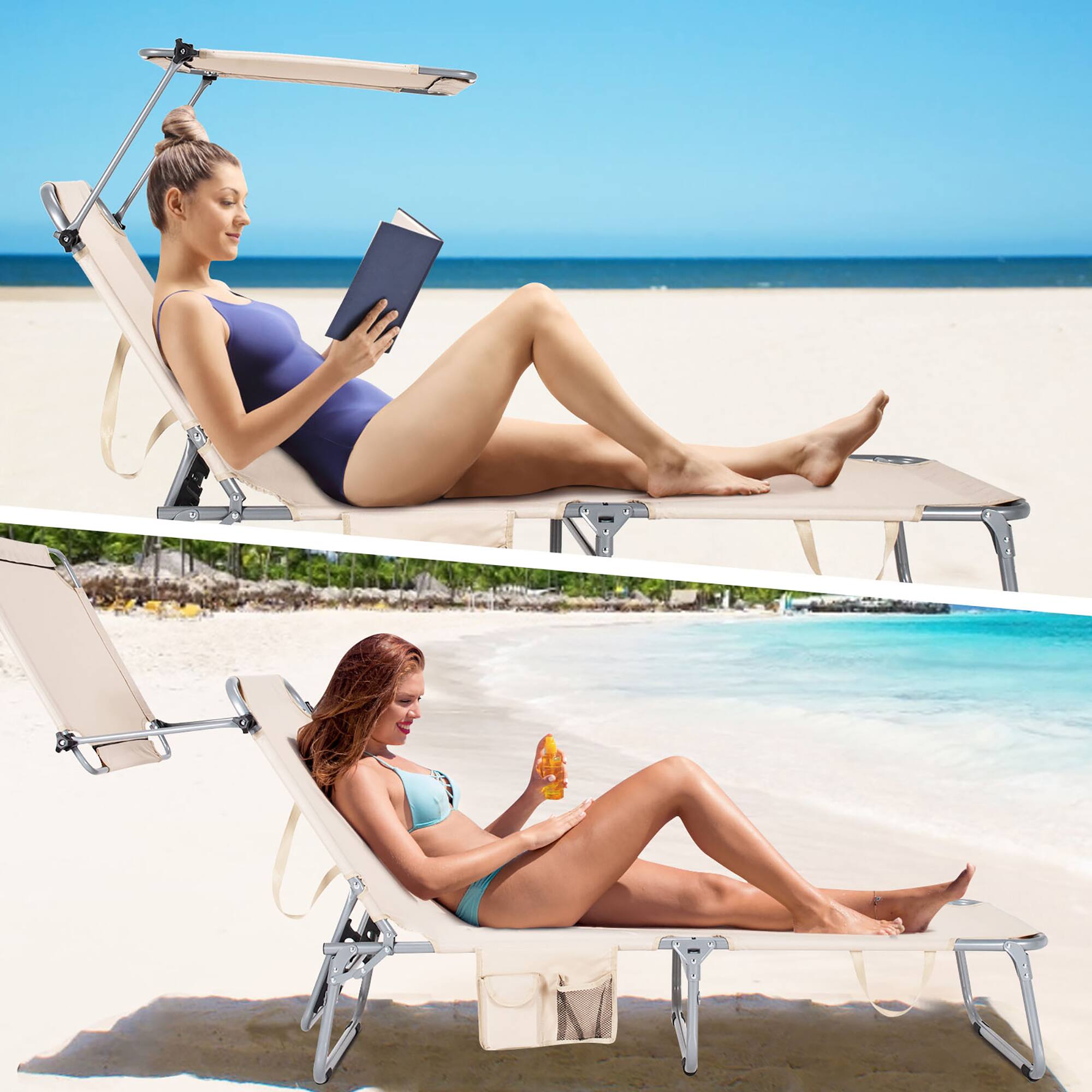 Alt View 8. Costway - Costway Foldable Lounge Chair Adjustable Outdoor Beach Patio Pool Recliner with Sun Shade - Beige.