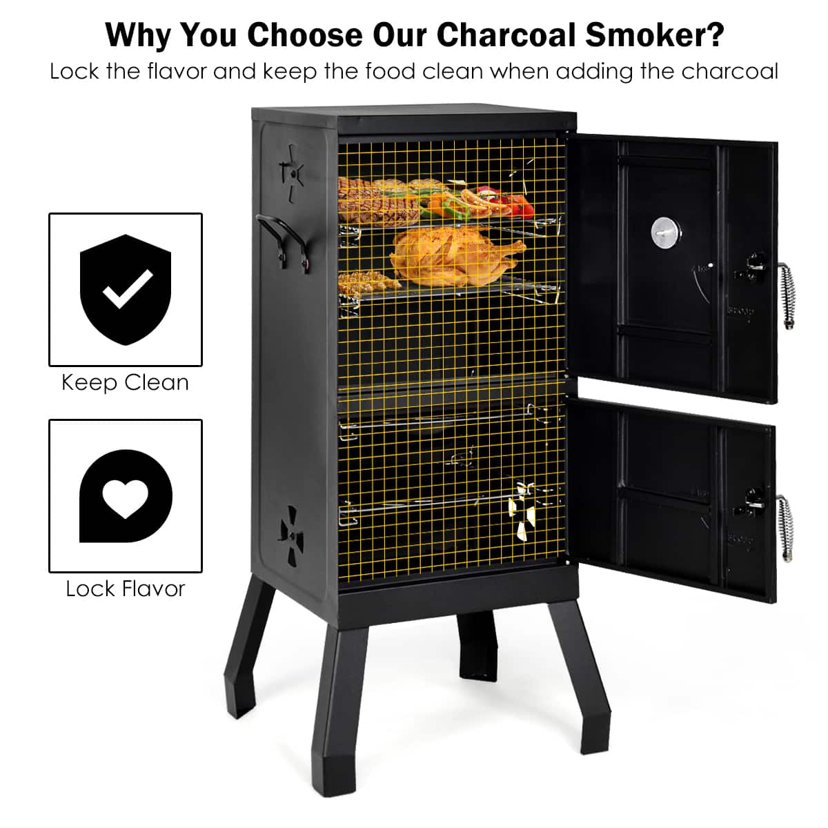 Why Choose Our Charcoal Smoker? Lock the flavor and keep the food clean when adding the charcoal.