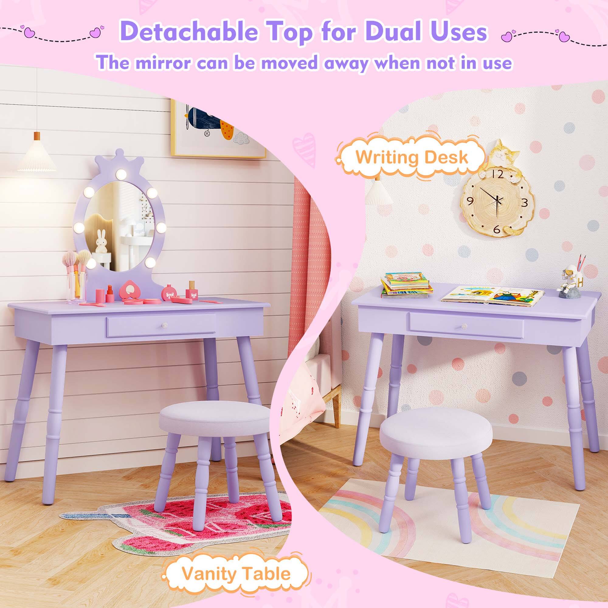 The text on the image can be grouped and corrected as follows:

**Detachable Top for Dual Uses**
- The mirror can be moved away when not in use.

**Writing Desk**

**Vanity Table**
