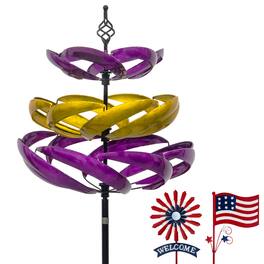 A Anleolife - 77 in. H Large Metal Kinetic Wind Spinner 360 Degrees Swivel Yard Art with Welcome Sign and Flag Decoration for Garden - Multi-Colored