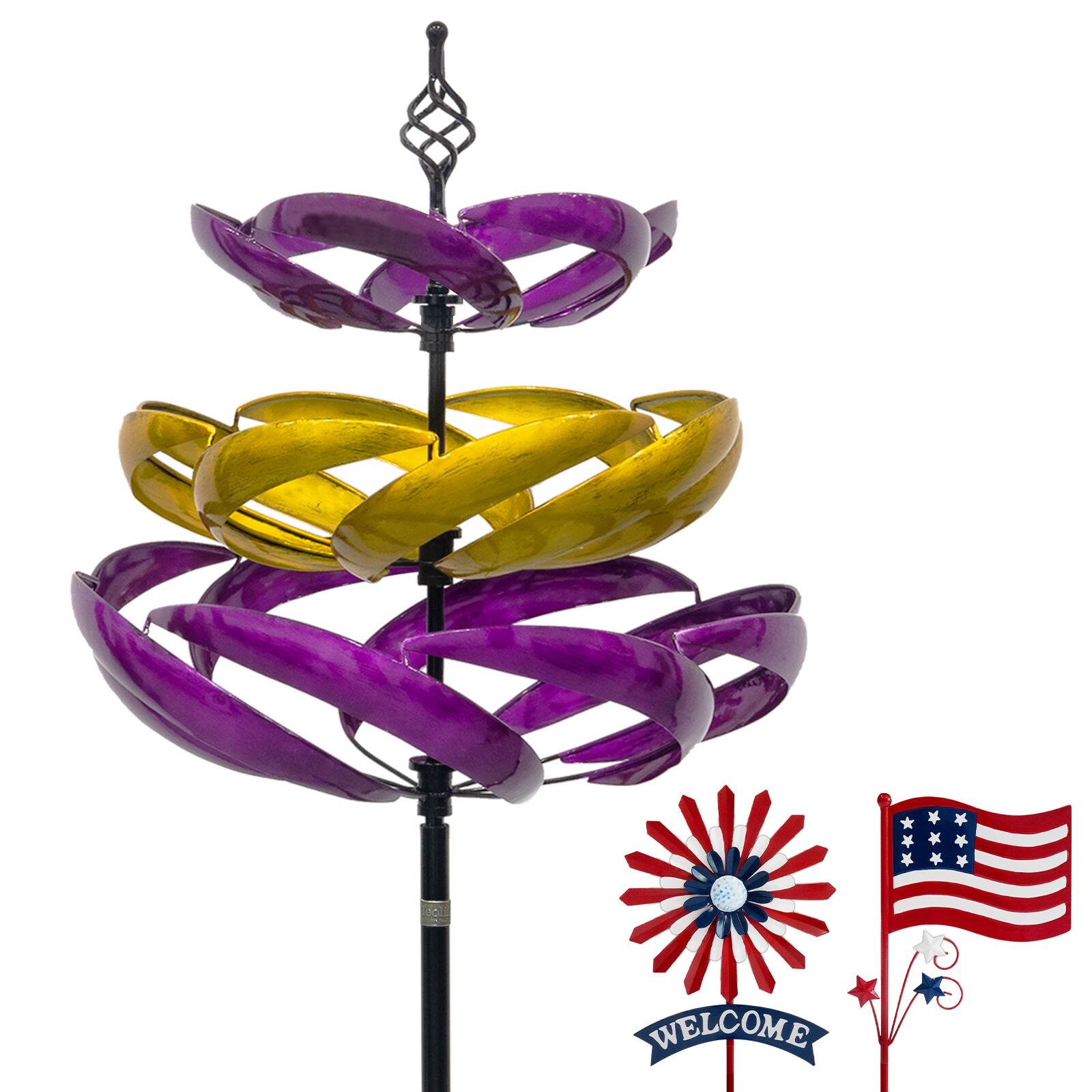 Front. A Anleolife - 77 in. H Large Metal Kinetic Wind Spinner 360 Degrees Swivel Yard Art with Welcome Sign and Flag Decoration for Garden - Multi-Colored.