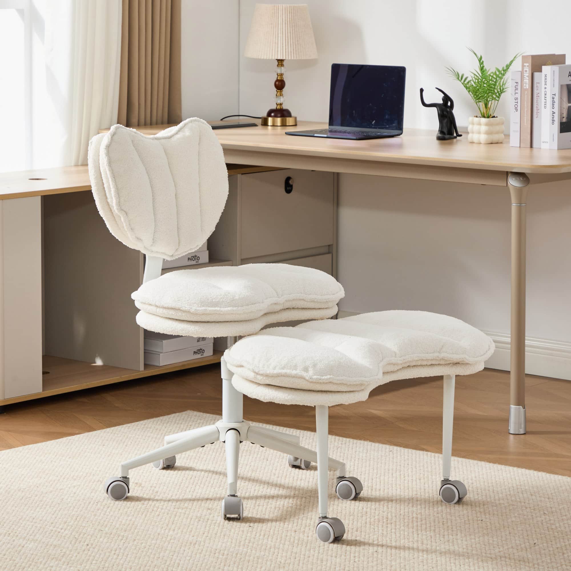 Aukfa - Meditation Chair Plus - Teddy Fleece Cross-Legged Rolling Chair with Lumbar Support & Adjustable Stool - Ivory