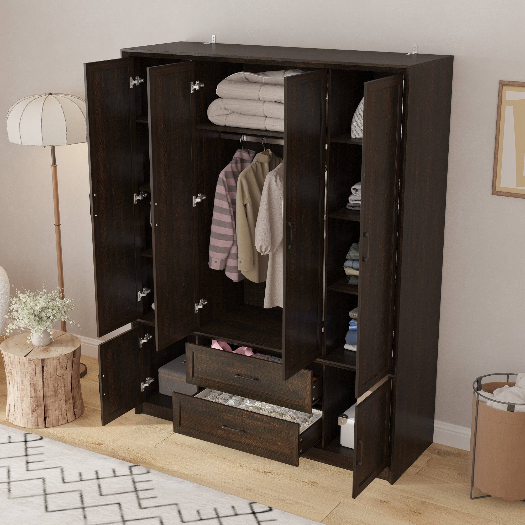 Back. FUFU&GAGA - Four-Door Wardrobe Closet with Shelves and Drawers for Complete Bedroom Storage - Black.