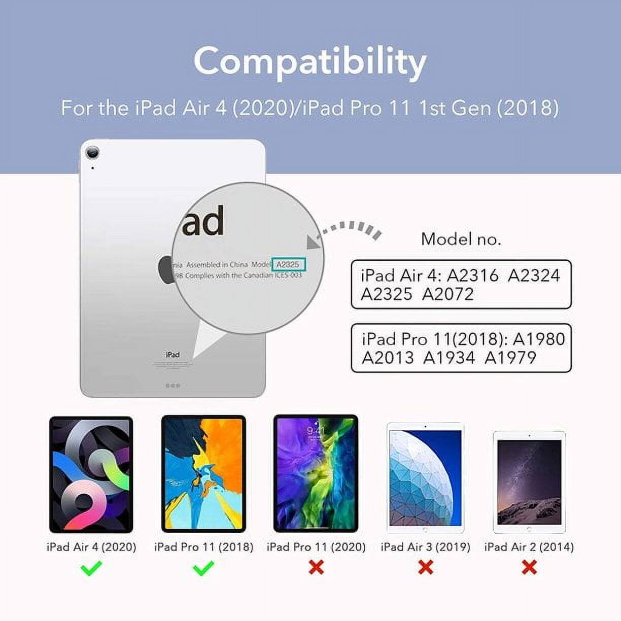 Compatibility  
For the iPad Air 4 (2020)/iPad Pro 11 1st Gen (2018)

Model no.  
iPad Air 4: A2316 A2324 A2325 A2072  
iPad Pro 11 (2018): A1980 A2013 A1934 A1979  

iPad Air 4 (2020) ✓  
iPad Pro 11 (2018) ✓  
iPad Pro 11 (2020) ❌  
iPad Air 3 (2019) ❌  
iPad Air 2 (2014) ❌  

Assembled in China  
Model A2325  
G8  
Complies with the Canadian ICES-003