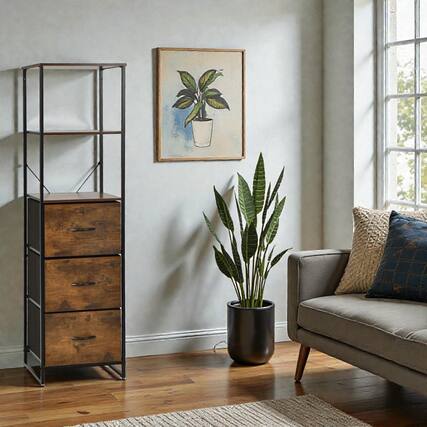 Front. Hivvago - Contemporary Storage Tower with 3 Shelves and Collapsible Drawers - Rustic Brown.
